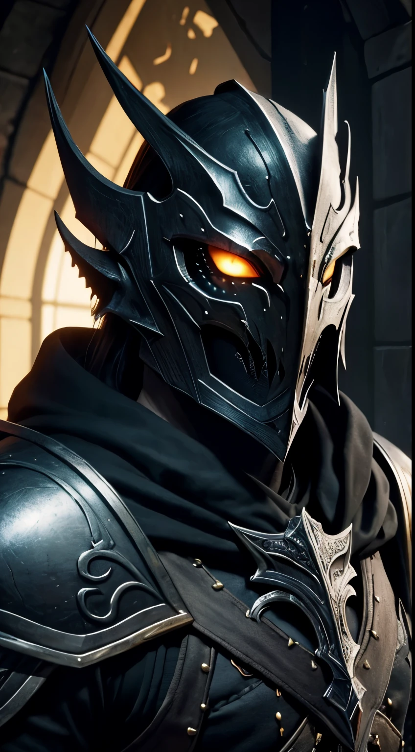 un primer plano de una persona con un traje oscuro y una cabeza brillante, Born of the dragon, golden Born of the dragon, Desde Skyrim, El Allfather, Arte de los Pergaminos de Ancianos, Obligarte a comprar Skyrim, Daedric Armor, arte skyrim, The Dark Lord Sauron, Lord of Regeneration, Armadura Skyrim, Retrato de Sauron, En Skyrim