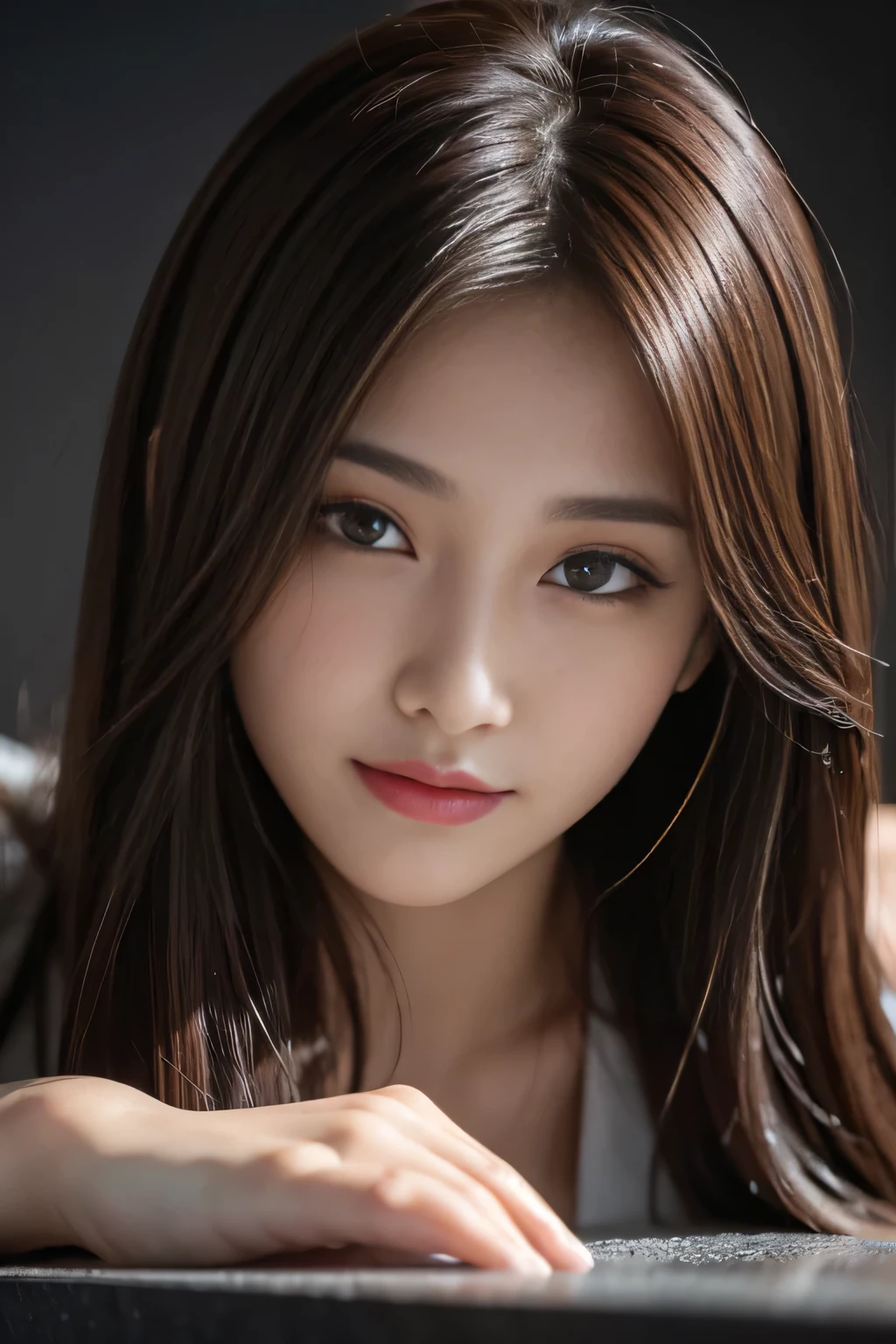 ((photorealistic lighting, Top  Quality, 8K, ​masterpiece: 1.3)), Clear Focus: 1.2, 1人の女性, Perfect Body Beauty: 1.4, Slim Abs: 1.1, ((Dark-brown hair, larger: 1.3)), (Accelerate: 1.4), (Outdoor, nighttime: 1.1), the street, Slim Faces, Narrow Eyes, Double eyelidd, Valley exposure, Incredibly absurd, Messy hair, Floating head, Long sleeve t-shirt, fashion model pose, (s whole body:1.5)