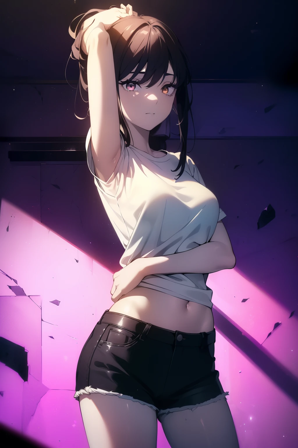 ((((Obra maestra, La mejor calidad, ultrahigh resolution)))), 1girl, happy expression on face:1.5, ((standing in a club waiting for someone)), (white t-shirt, jean shorts), (long black hair, long dark black hair), pale skin, ((brown eyes)), (glowing_eyes), ((ultra detailed eyes:0.7, beautiful and detailed face, detailed eyes:0.9)), ((centered)), ((over joyed expression)), ((wide shot)), facing viewer, (((indoor part, purple and black lights)), medium breasts, looking at viewer, ((perfect hands)), (((head:1, arms, hips in view, elbows, thighs, in view))), lively eyes, ((beautiful lighting)), outside, outdoors, background, defined subject, 25 years old, (head tilt), (((cool gaze))), (((lively))), ((twirling)), ((holding her arm shyly)), (hands behind back), (((half closed eyes))), ideal physic