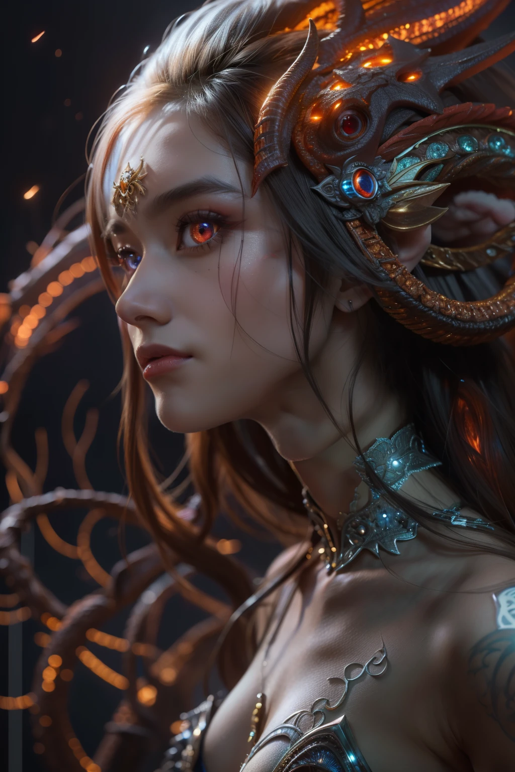 A female Alien from the world of Loughcraft, ultra detailed artistic photography, Midnight Aura, night  sky, detailed gorgeous face, dreamy, Glowing, Backlit, glamour, Glimmer, (Highly detailed face and eyes:1.2), (High-resolution glowing red eyes:1.4), Perfect Anatomy, (Beautiful toned body:1.5), (Moist skin:1.2), No makeup, (dark circles:1.1),(Thick eyebrows:1.2), long canines. Smooth, extra high resolution, 8K, Unreal Engine 5, ultra sharp focus, Art by Alberto Seveso, artgerm, loish, sf, intricate artwork masterpiece, SINISTER, Matte movie poster with image, the golden ratio, trending on CGsociety, Intricate, Epic, Trending on ArtStation, Author: artgerm, H. r. Giger and Bexinski, Highly detailed, Loughcraft's worlds,  Cthulhu, Vibrants, Cinematic drawing of characters, ultra high quality model, cinematic quality, detail up, (Intricate details:1.2), high resolution, High Definition, drawing faithfully, (Thick eyebrows:1.2), (Big scarlet eyes:1.3)