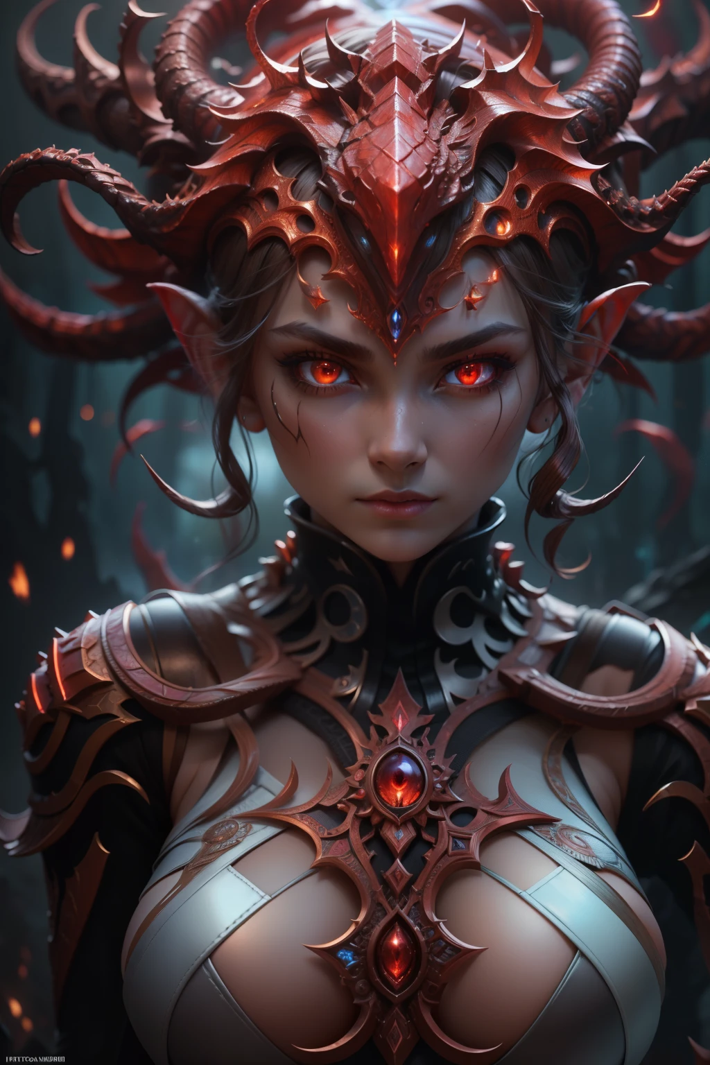 A female Alien from the world of Loughcraft, ultra detailed artistic photography, Midnight Aura, night sky, detailed gorgeous face, dreamy, Glowing, Backlit, glamour, Glimmer, (Highly detailed face and eyes:1.2), (High-resolution glowing red eyes:1.4), Perfect Anatomy, (Beautiful toned body:1.5), (Moist skin:1.2), No makeup, (dark circles:1.1), long canines. Smooth, extra high resolution, 8K, Unreal Engine 5, ultra sharp focus, Art by Alberto Seveso, artgerm, loish, sf, intricate artwork masterpiece, SINISTER, Matte movie poster with image, the golden ratio, trending on CGsociety, Intricate, Epic, Trending on ArtStation, Author: artgerm, H. r. Giger and Bexinski, Highly detailed, Loughcraft's worlds, Cthulhu, Vibrants, Cinematic drawing of characters, ultra high quality model, cinematic quality, detail up, (Intricate details:1.2), high resolution, High Definition, drawing faithfully, (Thick eyebrows:1.2), (Big scarlet eyes:1.3)