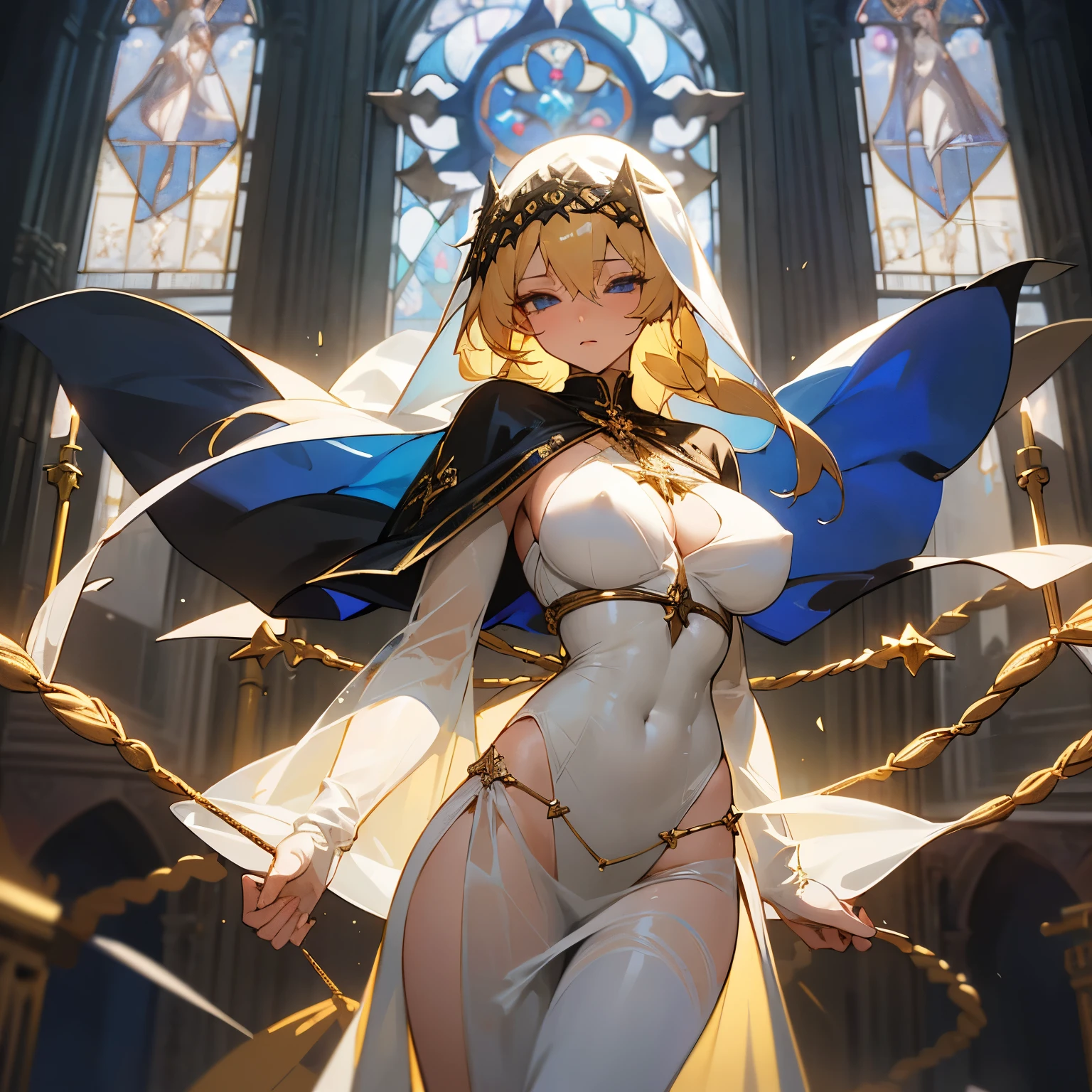 finest image, detailed, delicate, flashy and dynamic depiction, blindfolded with a black cloth, beautiful priestess woman, (white sheer rope, white and blue sheer costume:1.2), large breasts, abs, slender, perfect proportion, blonde hair, amorous expression, lewd expression, background church cathedral with gorgeous stained glass, scattered gold dust, professional lighting