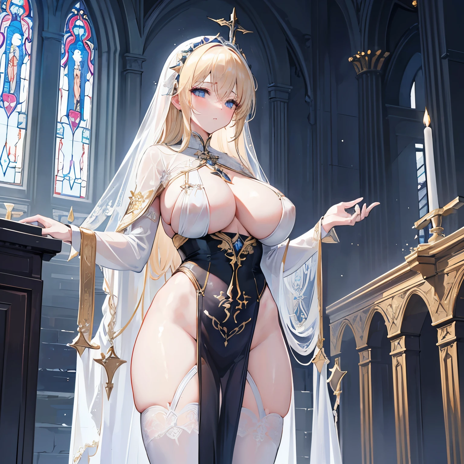 finest image, detailed, delicate, flashy and dynamic depiction, blindfolded with a black cloth, beautiful priestess woman, (white sheer rope, white and blue sheer costume:1.2), large breasts, abs, slender, perfect proportion, blonde hair, amorous expression, lewd expression, background church cathedral with gorgeous stained glass, scattered gold dust, professional lighting