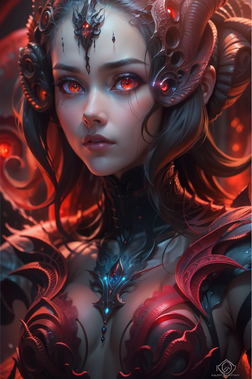 A female Alien from the world of Loughcraft, ultra detailed artistic photography, Midnight Aura, night sky, detailed gorgeous face, dreamy, Glowing, Backlit, glamour, Glimmer, (Highly detailed face and eyes:1.2), (High-resolution glowing red eyes:1.4), oil on canvas, brush strokes, Smooth, extra high resolution, 8K, Unreal Engine 5, ultra sharp focus, Art by Alberto Seveso, artgerm, loish, sf, intricate artwork masterpiece, SINISTER, Matte movie poster with image, the golden ratio, trending on CGsociety, Intricate, Epic, Trending on ArtStation, Author: artgerm, H. r. Giger and Bexinski, Highly detailed, Loughcraft's worlds, Cthulhu, Vibrants, Cinematic drawing of characters, ultra high quality model