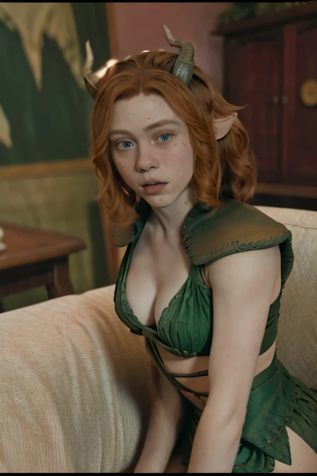 imagem fiel nua da sexy Sophia Lillis como Doric (De masmorras & dragon movie), igual a do poster do filme, sexy, She wears a green bikini, imagem de corpo inteiro, rosto com sardas, ela tem sardas no rosto, Novo, ela esta somente de Langerie, o rosto da garota tem muitas sardas, she is naked, Ela sorri, your ears are pointed like an elf&#39;s, your ears are pointy like elves&#39;, Ela tem curta, cabelo ruivo ondulado na altura dos ombros., cabelos cor ruivos, as red as possible and expressive, lindos olhos azuis, ela veste uma roupa verde como a do filme, She has horns on her head like the one in the movie poster.., She holds a bow and arrow in her hand, She's sexying, She's sexy, ela mostra sua calcinha, Ela tem uma perna em um banco