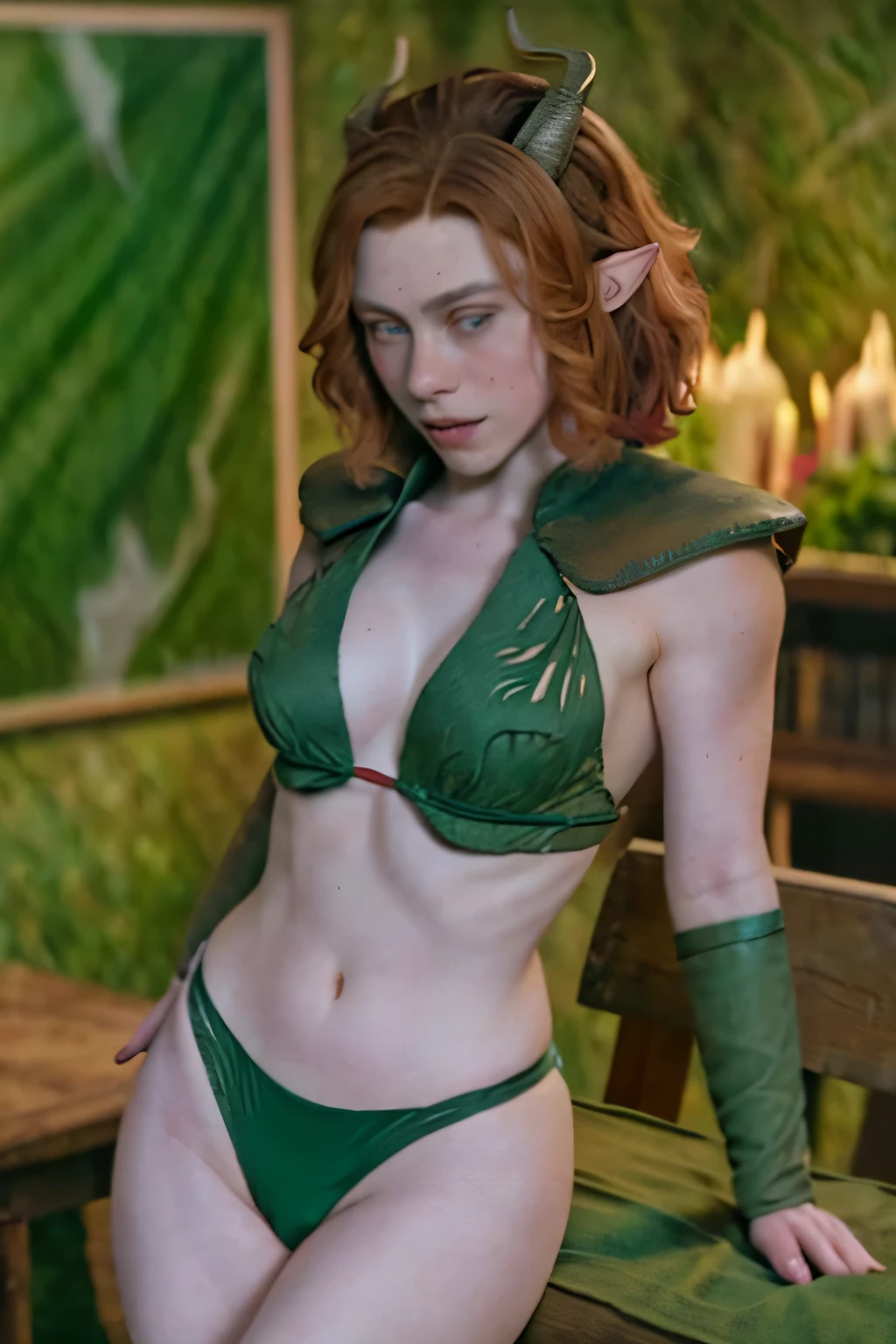 imagem fiel nua da sexy Sophia Lillis como Doric (De masmorras & dragon movie), igual a do poster do filme, sexy, She wears a green bikini, imagem de corpo inteiro, rosto com sardas, ela tem sardas no rosto, Novo, ela esta somente de Langerie, o rosto da garota tem muitas sardas, she is naked, Ela sorri, your ears are pointed like an elf&#39;s, your ears are pointy like elves&#39;, Ela tem curta, cabelo ruivo ondulado na altura dos ombros., cabelos cor ruivos, as red as possible and expressive, lindos olhos azuis, ela veste uma roupa verde como a do filme, She has horns on her head like the one in the movie poster.., She holds a bow and arrow in her hand, She's sexying, She's sexy, ela mostra sua calcinha, Ela tem uma perna em um banco