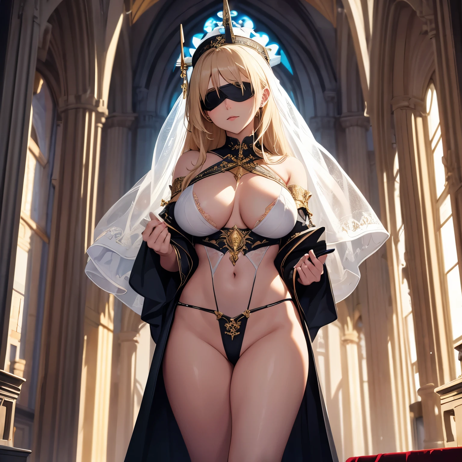 finest image, detailed, delicate, flashy and dynamic depiction, blindfolded with a black cloth, beautiful priestess woman, white sheer rope, white and blue sheer costume, large breasts, abs, slender, perfect proportion, blonde hair, amorous expression, lewd expression, background church cathedral with gorgeous stained glass, scattered gold dust, professional lighting