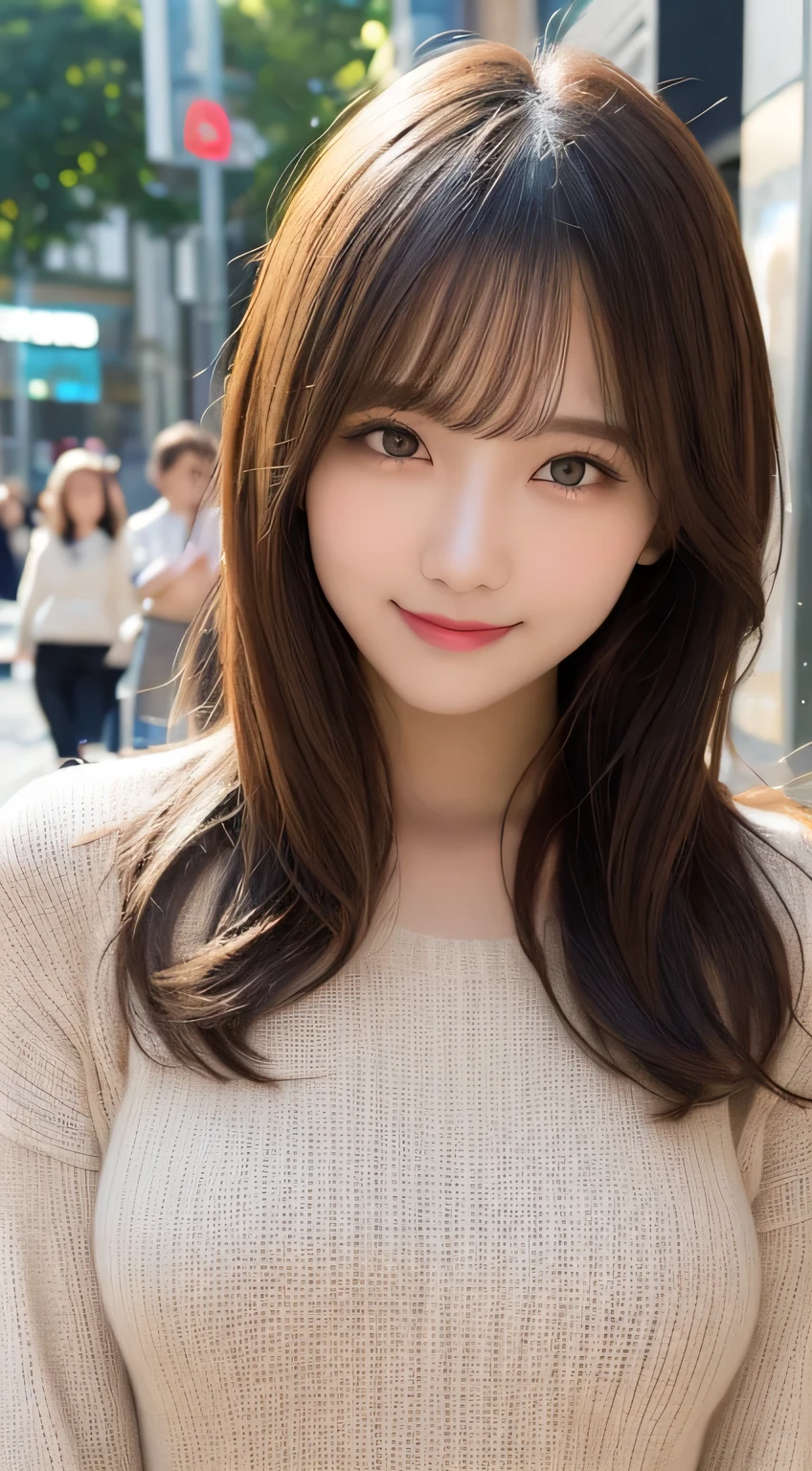 masutepiece, Best Quality, Illustration, Ultra-detailed, finely detail, hight resolution, 8K Wallpaper, Perfect dynamic composition, Beautiful detailed eyes, Women's Fashion Summer,Medium Hair,Small breasts natural color lip, Bold sexy poses,Smile,Harajuku、20 years girl、Cute、Sexy shot looking at camera、Knitted sweaters