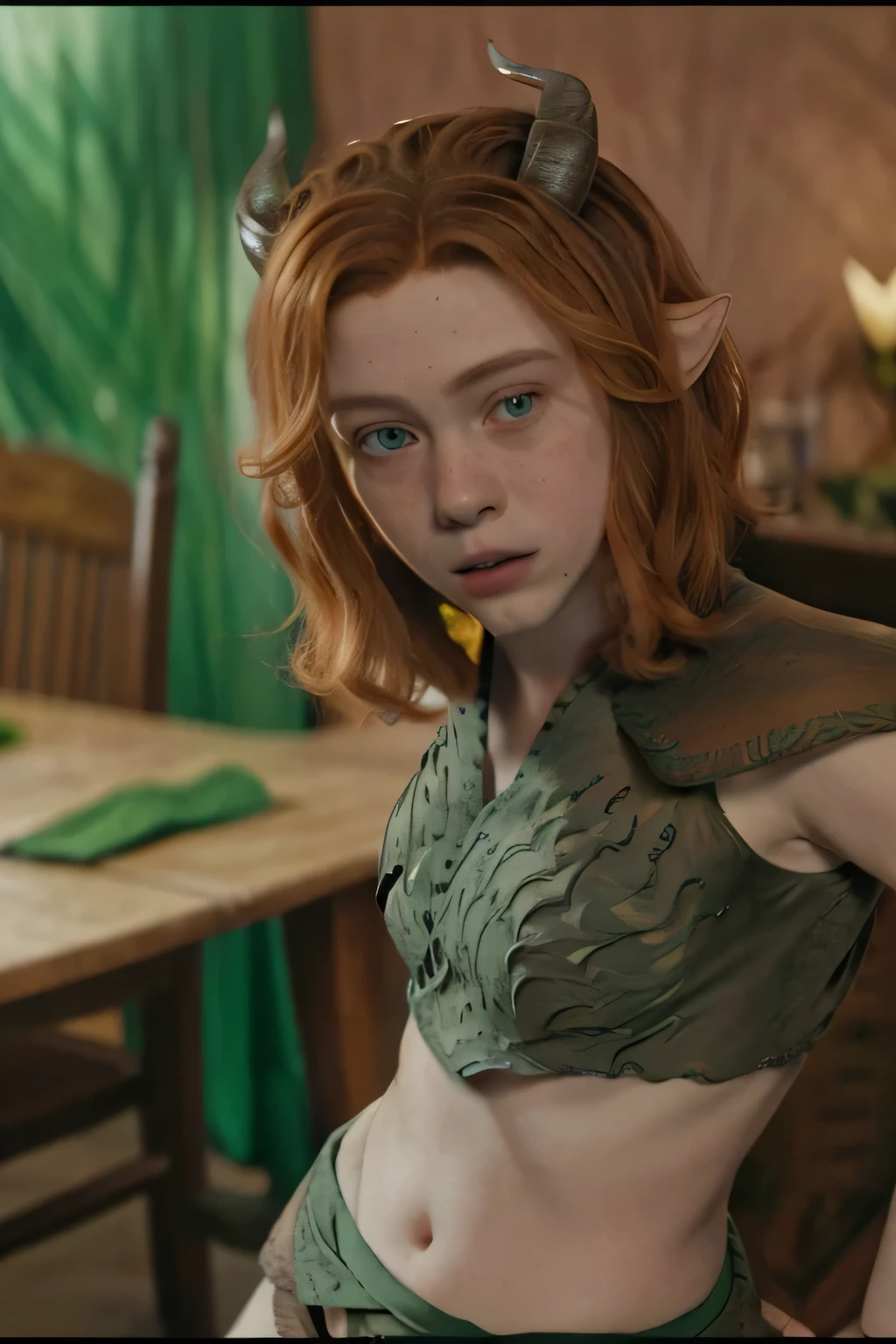 (fotorrealismo) imagem fiel nua da sexy Sophia Lillis como Doric (De masmorras & dragon movie), igual a do poster do filme, sexy, She wears a green bikini, imagem de corpo inteiro, rosto com sardas, ela tem sardas no rosto, Novo, ela esta somente de Langerie, o rosto da garota tem muitas sardas, she is naked, Ela sorri, your ears are pointed like an elf&#39;s, cabelo ruivo ondulado na altura dos ombros., lindos olhos azuis, ela veste uma roupa verde como a do filme, She has horns on her head like the one in the movie poster.., She holds a bow and arrow in her hand, She's sexying, She's sexy, ela mostra sua calcinha, Ela tem uma das pernas em um banquinho