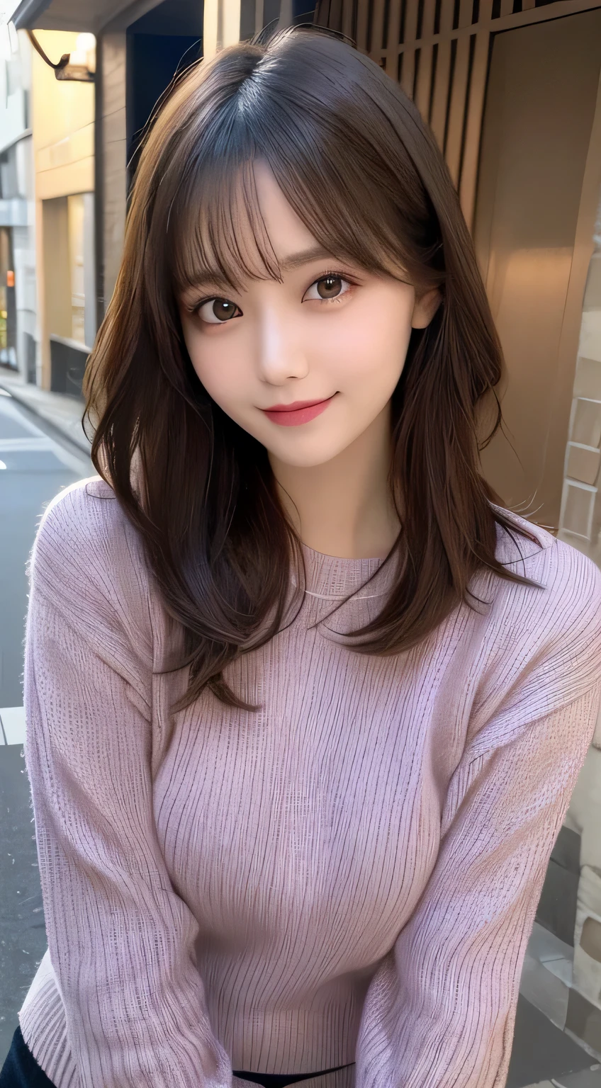 masutepiece, Best Quality, Illustration, Ultra-detailed, finely detail, hight resolution, 8K Wallpaper, Perfect dynamic composition, Beautiful detailed eyes, Women's Fashion Summer,Medium Hair,Small breasts natural color lip, Bold sexy poses,Smile,Harajuku、20 years girl、Cute、Sexy shot looking at camera、Knitted sweaters