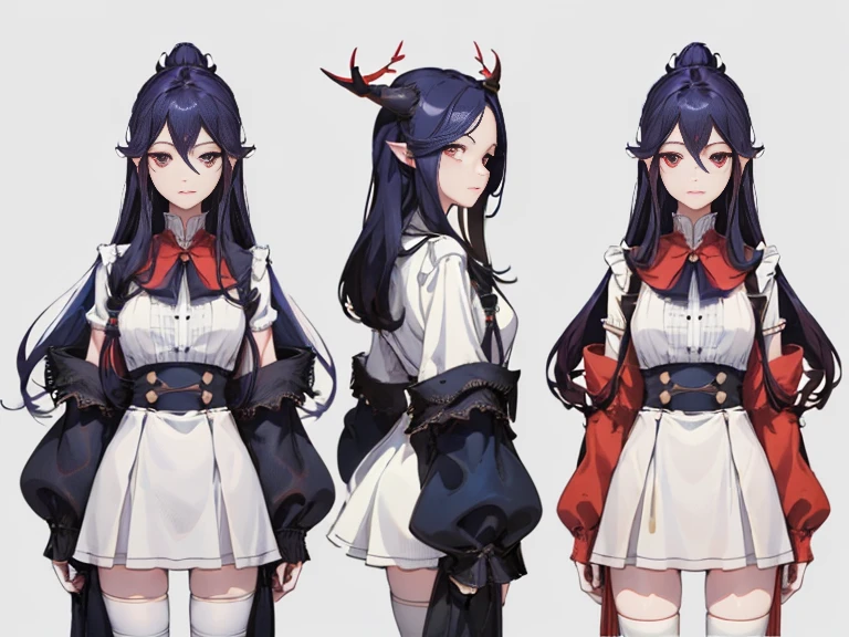 Detailed young with red skin,navy blue hair, Two thin horns,Dressed as a druid,illustartion,Realistic,Harmonious colours,natural lighting,Forest setting, Masterpiece: 1.6, Best Quality: 1.4, Live Image: 1.2, intricate details: 1.2, charturnerv2: A complete change in body character, Appearance: A detailed eye, High-quality eyes, (Single background, whitebackground: 1.3), multiple views, Multiple images of the same character in one outfit: 1.3.