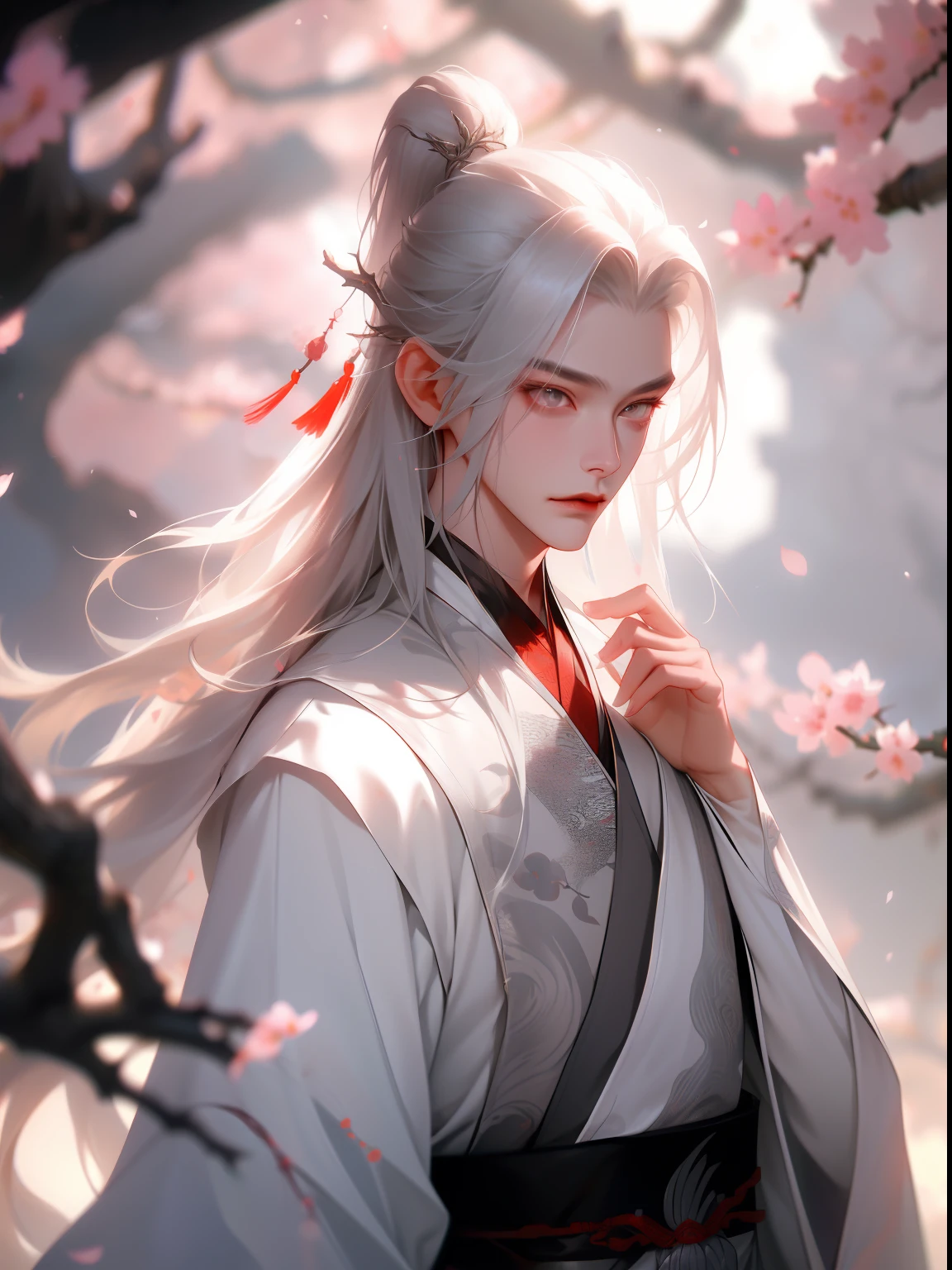 ffxianxiaff, solo, long hair, 1boy, male focus, upper body, branch, hair ornament, petals, flower, falling petals, blurry, looking at viewer, grey hair, hand up, chinese clothes, cherry blossoms, white hair, blurry background, grey eyes, hanfu, expressionless