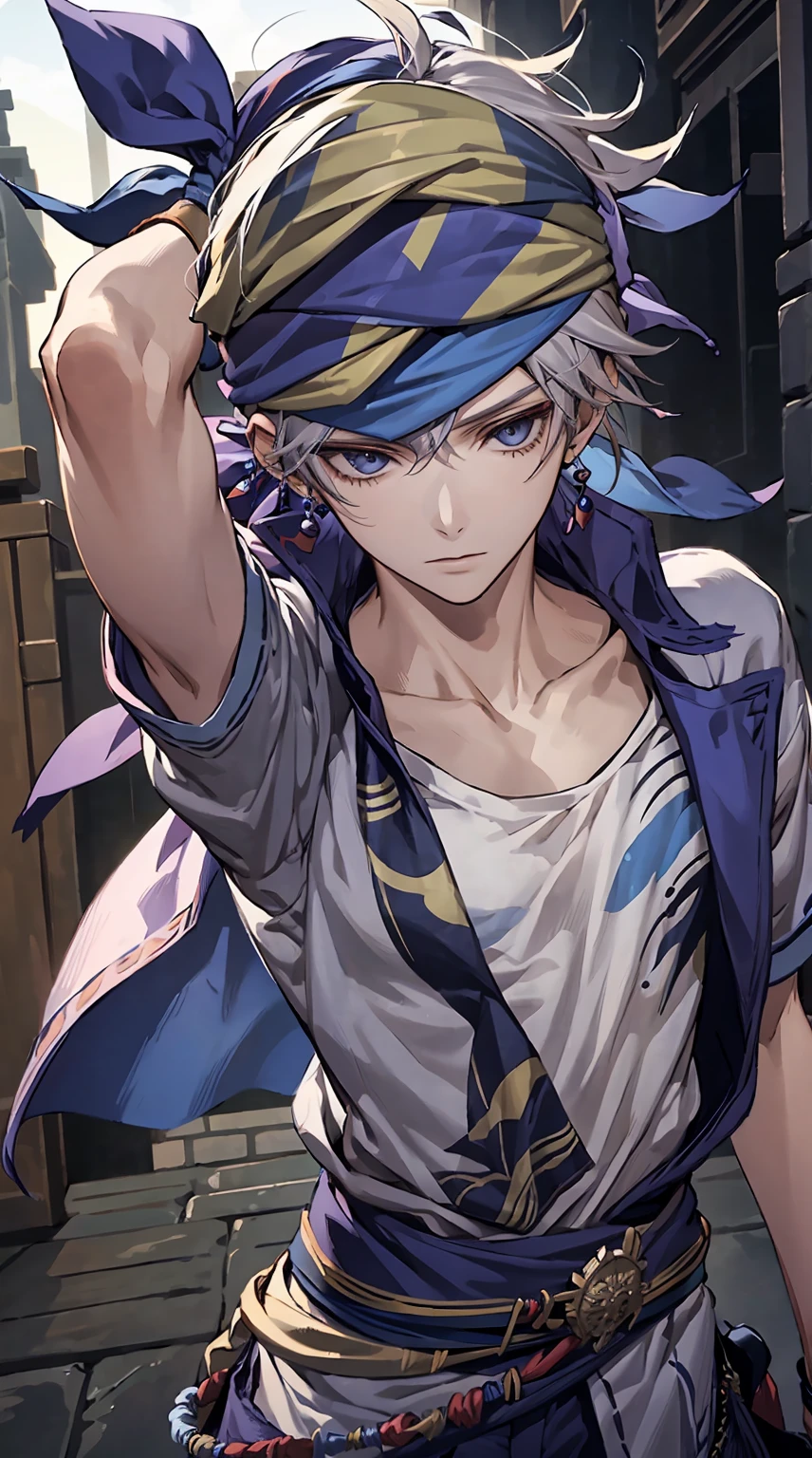 1young man,male photo, solo,blue bandana on head,fantastic,In the labyrinth,best quality, masterpiece,ultra detailed