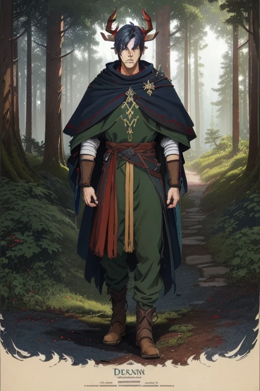 ((character concept art)), Video game character design, Detailed male with red skin,navy blue hair, Two thin horns,Dressed as a druid,illustartion,Realistic,Harmonious colours,natural lighting,Forest setting, green clothes, multiple views, Multiple images of the same character in one outfit: