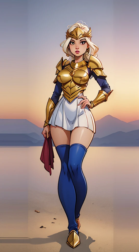 Armor, woman, with sexy body, Goddess Aphrodite, Greek armor style, with large breasts, the breastplate of the armor is open, with small shoulder pads, the shoulder pads have flower decorations, with a closed helmet, with a pink visor, the helmet is golden, the breastplate is white, with a long dress on the sides, the armor has flower details, golden arms, with details on the breasts, good angle, the lighting comes out of the armor, with golden shine ,good quality,standing,full body.