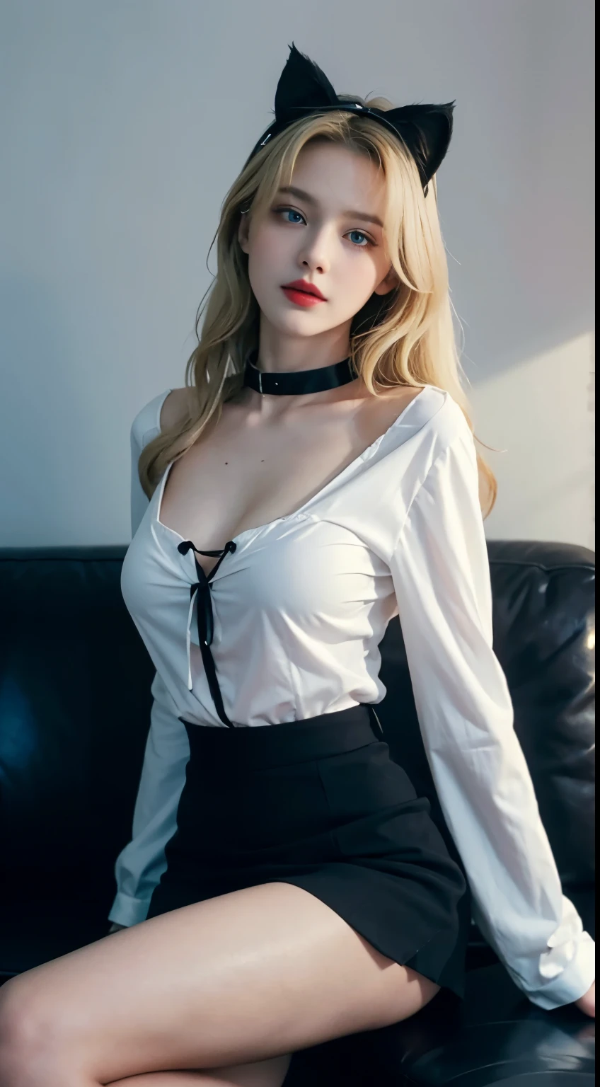 1 European and American vampire beauties:Imperial sister,domineering side leak,enchanting,Beauty model,,being thin,being thin腿,Skin is snow-white and smooth,curlies,combed blonde hair,legs long,Wear black stockings on the legs,Penetrating white shirt(Short to the waist),Expose her belly,Black hip skirt,Ignite it,seduce,sitting in the couch,Melon seed face,Blue pupil,Redlip,Wearing cat ears,Raised sexy,Bigchest,Wear a black collar