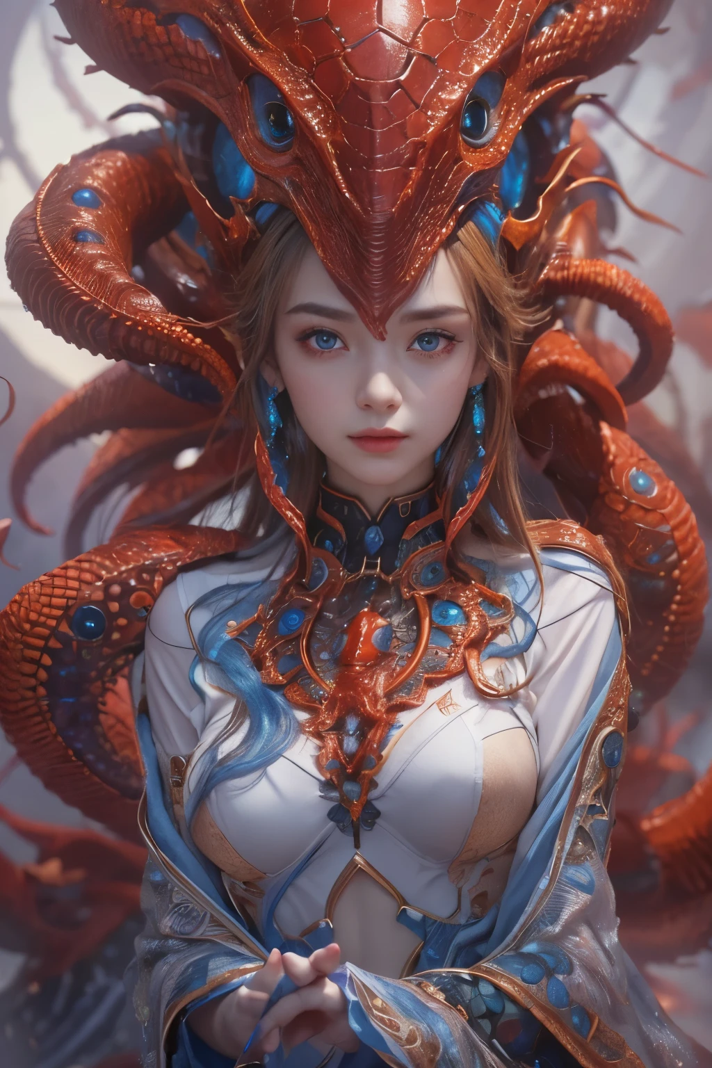 (1 female medusa-like mutant: 1.2), With a beautiful, enchanting face, this alien seduces us with her allure. Her captivating red eyes gleam brightly, reminiscent of burning embers. Her full body is unlike any human's, boasting a sexy, otherworldly form. No humans are present in this scene as she stands alone, her cells fused in a unique and intriguing extraterrestrial way.  (NSFW:1.0), moist skin,
(extraordinary beautiful nude photo:1.4), (glowing Star Garnet eyes:1.5), (sexy and glamorous:1.1), (coquettish expression:1.2), toned lean body, (muscular body:1.2), (beautiful abs:1.5), beautiful nipples,  She has lots of iridescent translucent tentacles instead of her hair, pale skin, (white skin with prominent veins:1.3), moist skin,
Lots of iridescent translucent tentacles adorn her body, shimmering under the dramatic lighting. Her pale skin, with a hint of translucency, adds to her ethereal allure. This masterpiece, rendered in