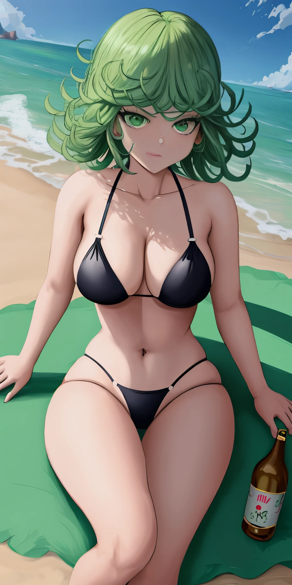 Chica de anime acostada en una cama con una botella de cerveza, Tatsumaki de One Punch Man, Tatsumaki, Tatsumaki con cabello verde rizado, en una playa, Fanart de alta calidad, en la playa, Tendencias en ArtStation Pixiv, Guweiz en Pixiv Artstation, Fanart exquisito altamente detallado, Artgerm extremadamente detallado, Arte Zerochan,bikini ajustado,sentado,piernas cruzadas.