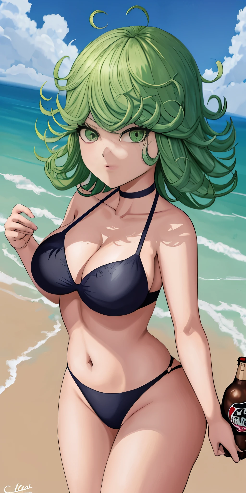 Chica de anime acostada en una cama con una botella de cerveza, Tatsumaki de One Punch Man, Tatsumaki, Tatsumaki con cabello verde rizado, en una playa, Fanart de alta calidad, en la playa, Tendencias en ArtStation Pixiv, Guweiz en Pixiv Artstation, Fanart exquisito altamente detallado, Artgerm extremadamente detallado, Arte Zerochan,bikini ajustado,sentado,piernas cruzadas.