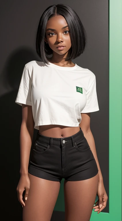 16-year-old black girl, with Maria João haircut, green eyes, large breasts, large butt, toned legs, perfect body, long t-shirt and tight shorts, pose with black background