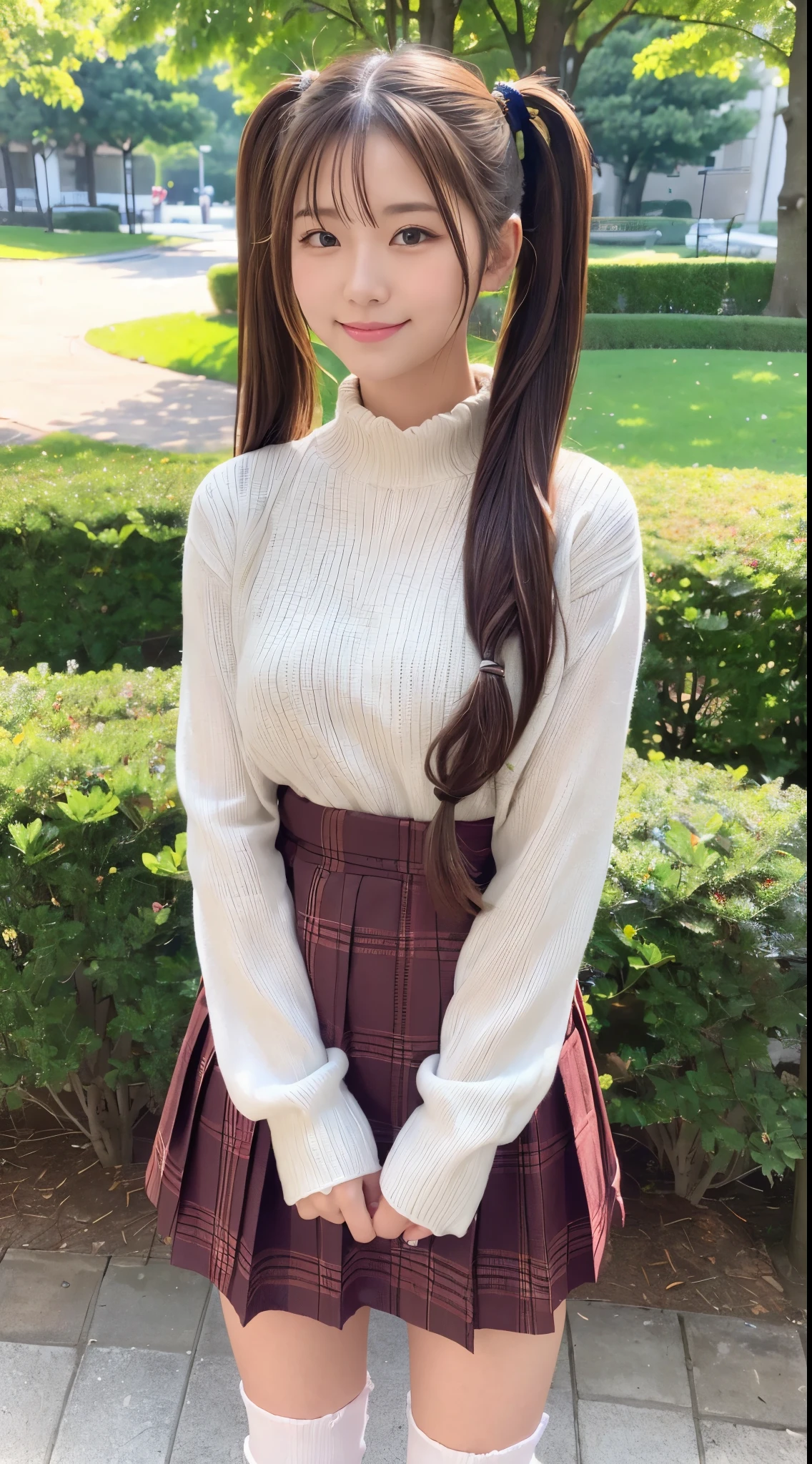 (High quality, High resolution, Ultra-detailed, Realistic:1.37), 、peaceful ambiance, (plein air, a park)、 ((large twin tails、scrunchie))、18 year old high school girl standing alone、small tits, Beautiful detailed features, Cute smile, (A dark-haired), Ribbed sweater, Red plaid skirt, Black tights, Brown boots.