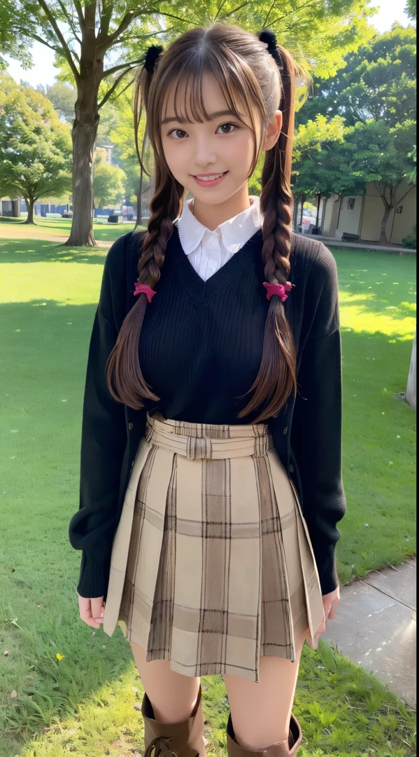 (High quality, High resolution, Ultra-detailed, Realistic:1.37), 、peaceful ambiance, (plein air, a park)、 ((large twin tails、scrunchie))、18 year old high school girl standing alone、small tits, Beautiful detailed features, Cute smile, (A dark-haired), Ribbed sweater, Red plaid skirt, Black tights, Brown boots.