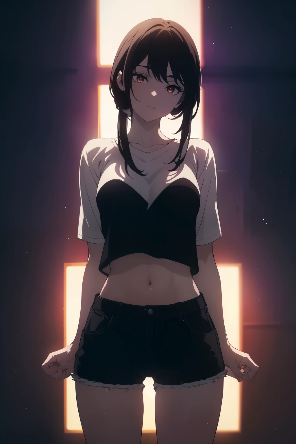 ((((Obra maestra, La mejor calidad, ultrahigh resolution)))), 1girl, happy expression on face:1.5, ((standing in a club waiting for someone)), (white t-shirt, jean shorts), (long black hair, long dark black hair), pale skin, ((brown eyes)), (glowing_eyes), ((ultra detailed eyes:0.7, beautiful and detailed face, detailed eyes:0.9)), ((centered)), ((over joyed expression)), ((wide shot)), facing viewer, (((indoor part, purple and black lights)), medium breasts, looking at viewer, ((perfect hands)), (((head:1, arms, hips in view, elbows, thighs, in view))), lively eyes, ((beautiful lighting)), outside, outdoors, background, defined subject, 25 years old, (head tilt), ((cool gaze)), (((lively))), ((shy)), (hands behind back), ((half closed eyes)), ideal physique