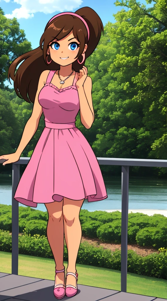 Best lighting, 1 girl, solo, brown hair, medium hair, ponytail, pink Hairband, blue eyes, bare arms, pink maxi dress, little pink dress, golden necklace, pink slipper, smile, cowboy shot, beautiful, best quality, poses on railing bridge, outdoors, blue eyes, bridge, looking at viewer, earrings, railing, water, day, trees