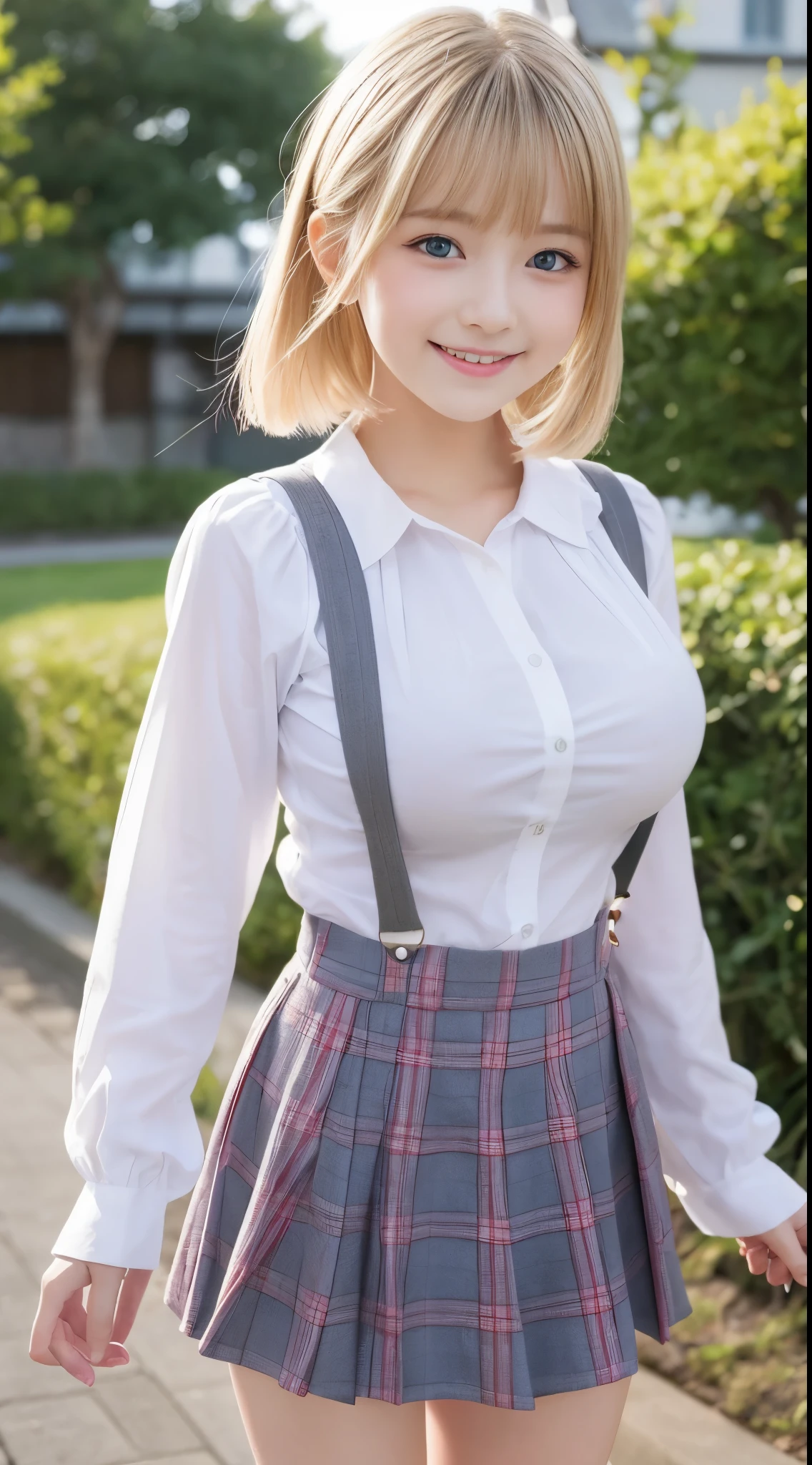 little young girl.................,, in front of the school、Connect to skirt with suspenders、White shirt with long sleeves、Plaid skirt、Lori, , sakimichan,, nice and cute, Innocent smile, , Lovely smile, sakimichan HDRI、loli big boobs、,(Huge breasts:1.20),(Beauty Big 1:1)、a blond、a blondの髪、Blue eyes、little girl with short bob、Pose cutely