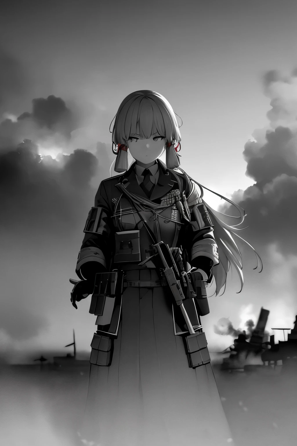 (realistic battlefield, war-torn Pacific island, high resolution),
Ayaka (Genshin Impact) charges into the tumultuous battlefield on a Pacific island during World War II, clad in a historically accurate Japanese military uniform and wielding a katana. The background mirrors the gritty and chaotic atmosphere reminiscent of the Pacific theater, drawing inspiration from the intense visuals seen in Battlefield 5.

The landscape is scarred by war — palm trees sway amidst the smoke, remnants of structures hint at the island's previous serenity, and explosions punctuate the air. The scene captures the relentless ferocity of conflict and the challenges faced by those who fought in the Pacific theater during World War II.

This composition aims to immerse Ayaka in the brutal realism of the battlefield, offering a powerful visual narrative that pays homage to the historical context while infusing elements from the intense atmosphere of Battlefield 5.