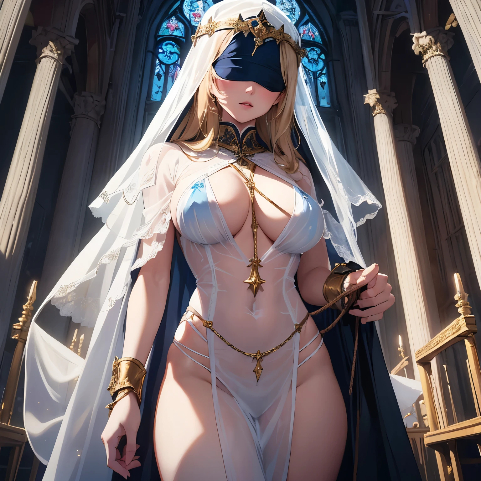 finest image, detailed, delicate, flashy and dynamic depiction, blindfolded with a black cloth, beautiful priestess woman, (white sheer rope, white and blue sheer costume:1.2), large breasts, abs, slender, perfect proportion, blonde hair, amorous expression, lewd expression, background church cathedral with gorgeous stained glass, scattered gold dust, professional lighting