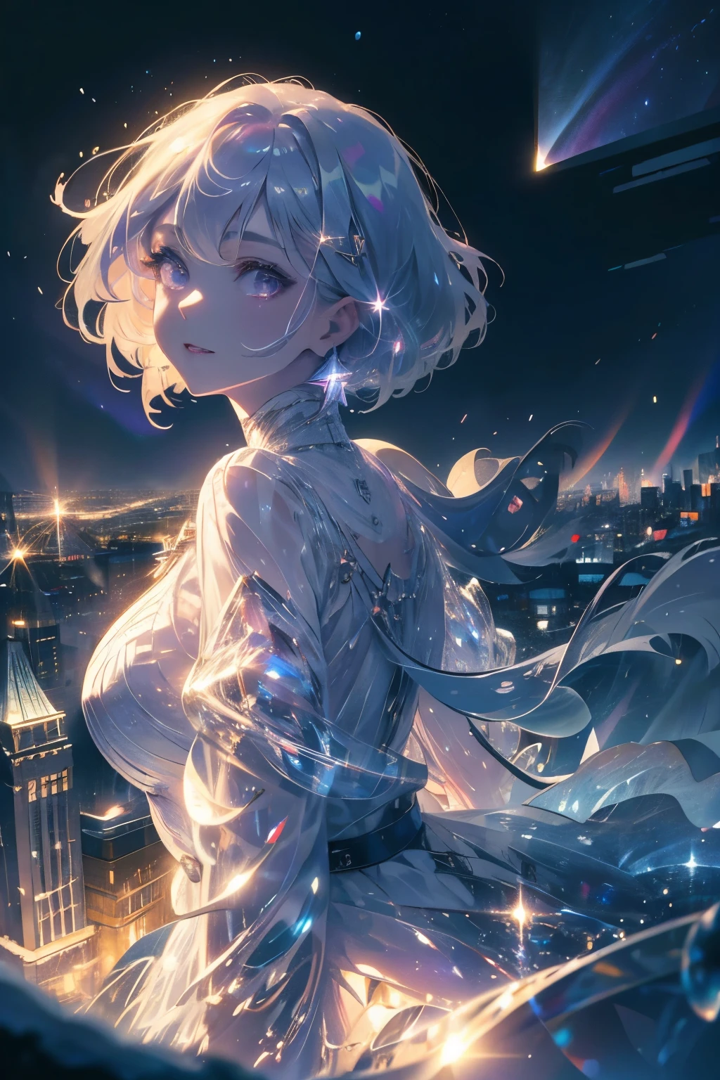 ((masterpiece,hight resolution,8K picture quality,top-quality)),1girl in,((extra detailed face)),femele,Delicate eyes,((Purple eyes)),((hairstyle on:Very short,White hair)),lensflare,Dramatic makeup,look back and smile,Natural complexion,large full breasts,Diffuse reflection of light(colourfull:1.5),aurora night sky,Star-filled sky,City of Snow,Night illumination,City of buildings at night seen from a high place,