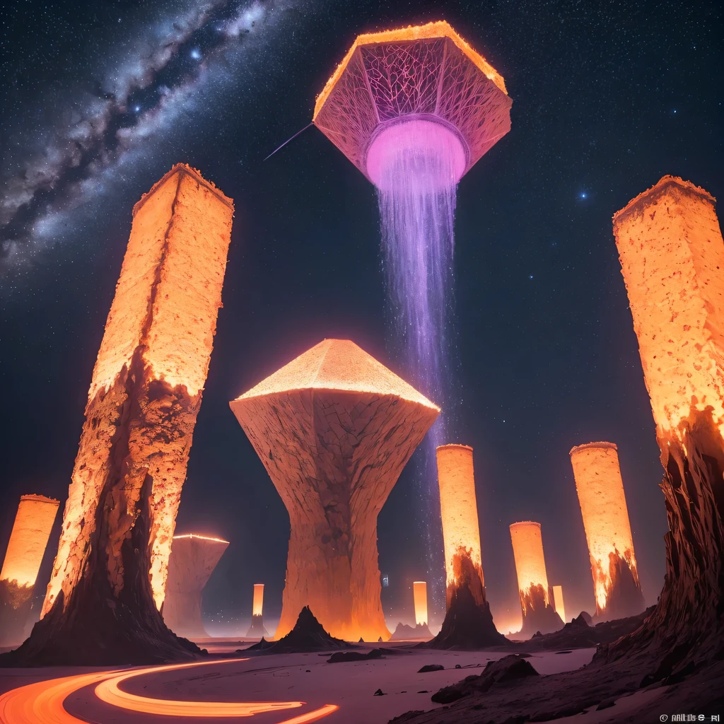 Light orange style，Purple pink series，Alien Hexagonal Base (Nipples are very delicate) In a hexagonal mountain oasis，There are several hexagonal exhaust fans and chimneys, some neon lights project from the base，Light up the night), There are some clouds in the night sky, Some surrounding planets provide air to unknown planets，The most remote giant hexagonal volcano erupts，the rainforest