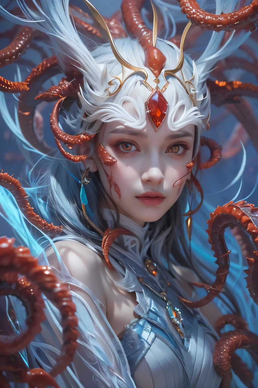 (Female Alien:1.2), (the most beautiful face ever in the univers:1.2), seduces, red eyes, Full body like, A sexy, alien, No humans, an alien, cells are fused, Multiple hands, (Lots of blue tentacles), (blue skin:1.3), extraterrestrial, cell, bio image, 魅惑的, Best Quality, 8K,4K_quality, high_Definition,Dramatic Lighting, masutepiece:1.5,cinematic quality, detail up, (Intricate details:1.2), high resolution, High Definition, drawing faithfully, (Thick eyebrows:1.2), (Big scarlet eyes:1.6), Beautiful eyes with fine symmetry, (Ultra detailed eyes:1.2),(Highly detailed face and eyes:1.2), (High-resolution red-eye:1.4), Intimate face, (Super detailed skin quality feeling:1.4), Perfect Anatomy, (Beautiful toned body:1.5), (Moist skin:1.2), No makeup, (dark circles:1.1), long canines