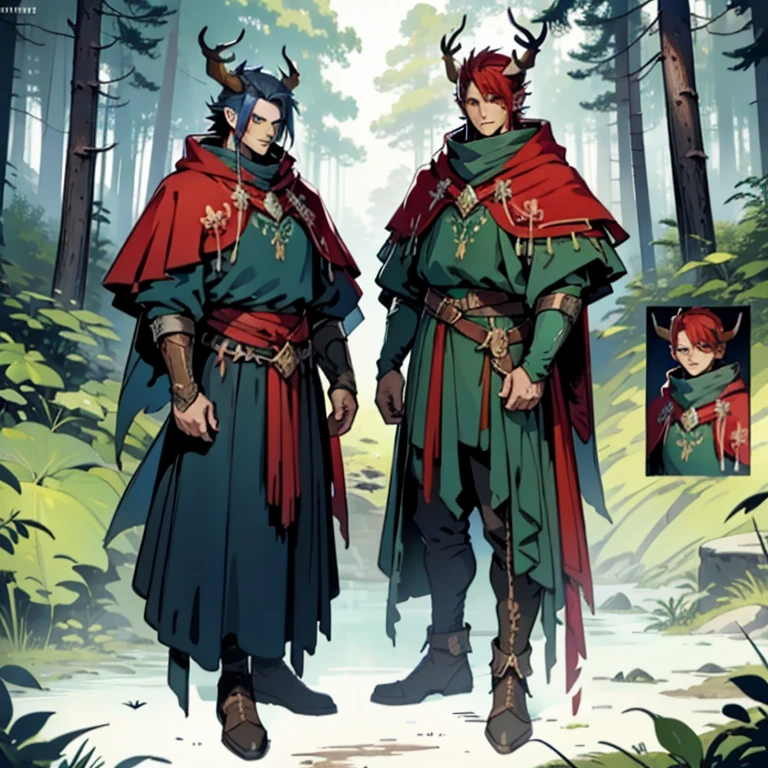 ((character concept art)), Video game character design, Detailed male with red skin,navy blue hair, Two thin horns,Dressed as a druid,illustartion,Realistic,Harmonious colours,natural lighting,Forest setting, green clothes