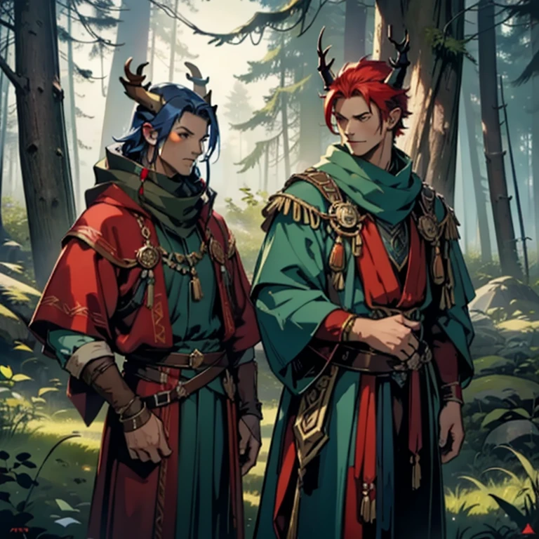 Druid elf, forest elf, elf man red hair, green robes, red bandana, earrings, tattoos, elf portrait,