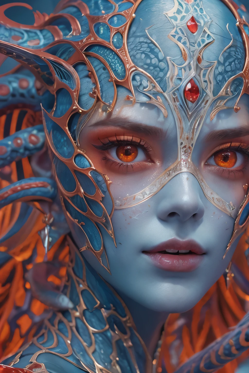 (Female Alien:1.2), (the most beautiful face ever in the univers:1.2), seduces, red eyes, Full body like, A sexy, alien, No humans, an alien, cells are fused, Multiple hands, (Lots of blue tentacles), (blue skin:1.3), extraterrestrial, cell, bio image, 魅惑的, Best Quality, 8K,4K_quality, high_Definition,Dramatic Lighting, masutepiece:1.5,cinematic quality, detail up, (Intricate details:1.2), high resolution, High Definition, drawing faithfully, (Thick eyebrows:1.2), (Big scarlet eyes:1.6), Beautiful eyes with fine symmetry, (Ultra detailed eyes:1.2),(Highly detailed face and eyes:1.2), (High-resolution red-eye:1.4), Intimate face, (Super detailed skin quality feeling:1.4), Perfect Anatomy, (Beautiful toned body:1.5), (Moist skin:1.2), No makeup, (dark circles:1.1), long canines