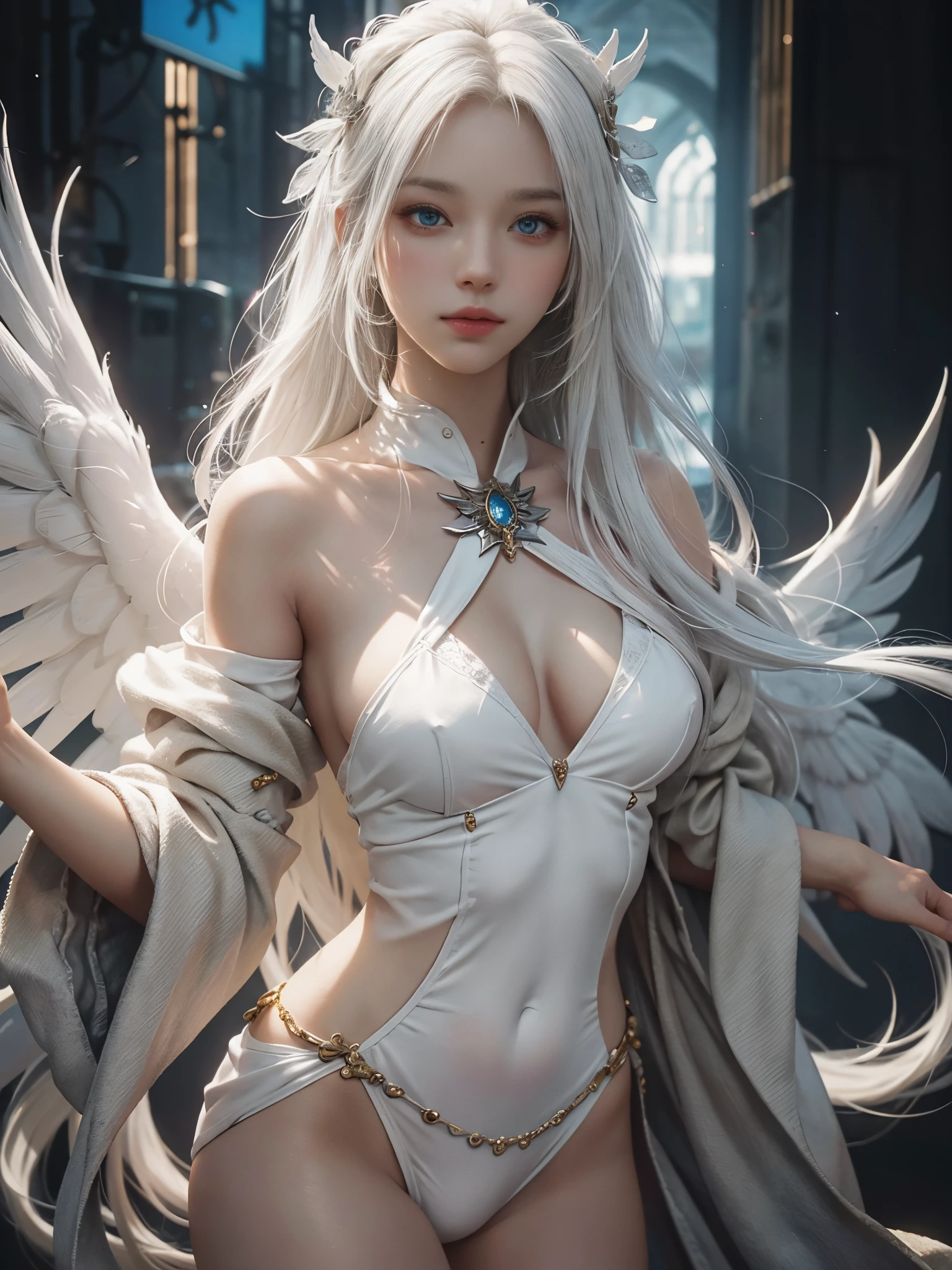 Close-up of woman with white hair and white mask、beautiful character painting、guweiz、Artwork in the style of Gwise、white haired god、Jan J、epic exquisite character art、Stunning character art、Fanchy、Uzunsifan、Guweiz on the Pixiv art station,Faces of reality,Real people,Photo quality,Real person footage captured on camera,Shooting from the waist up,Live-action feeling,Quite light clothing，see-through underware,Beautiful clear eyes,Beautiful sparkling eyes,being thin,strong-willed gaze,A living angel who descends to earth and blends into ordinary life while hiding his true identity in the human world.,angels don&#39;t wear underwear,angel has small breasts，