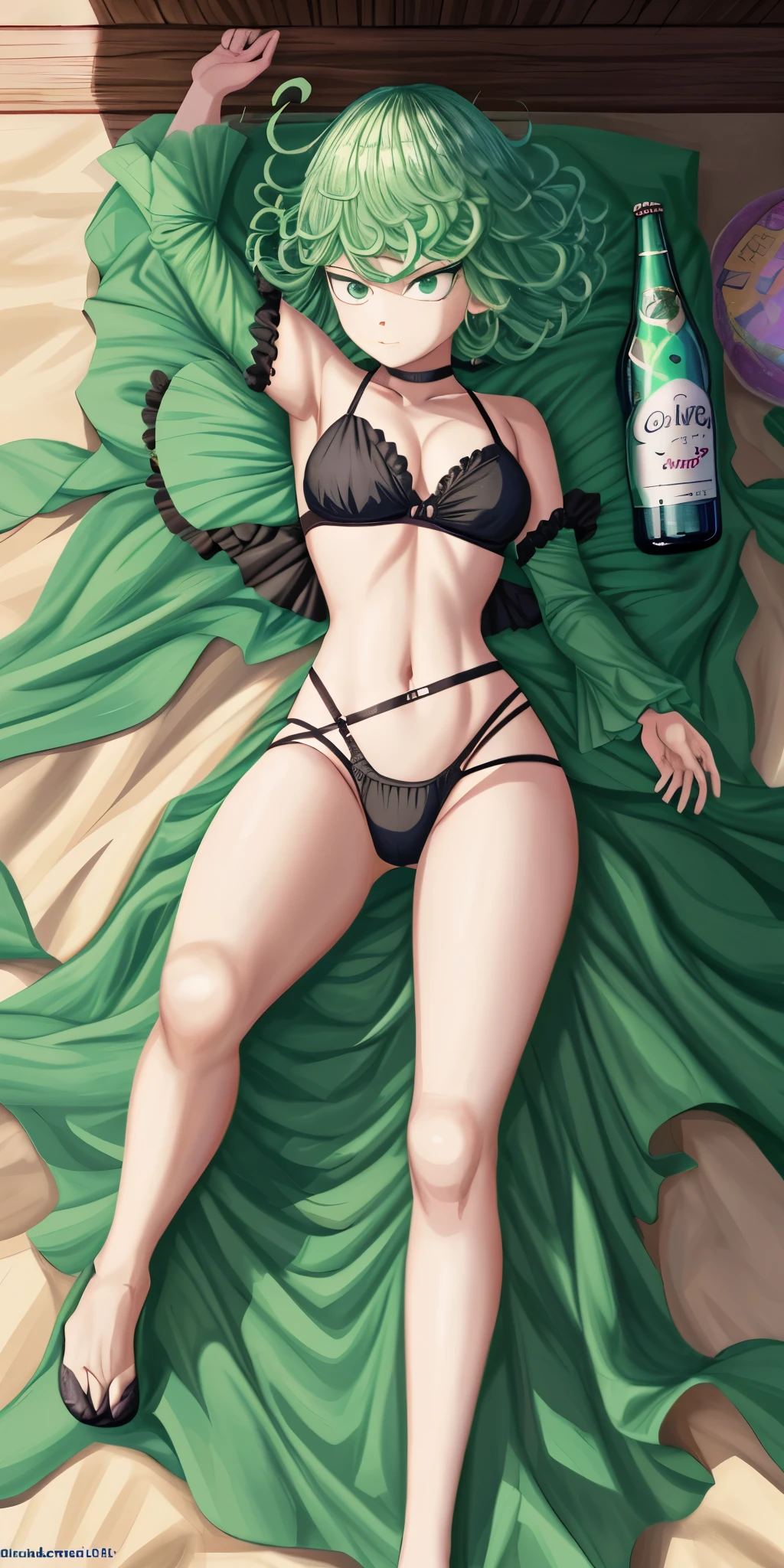 Chica de anime acostada en una cama con una botella de cerveza, Tatsumaki de One Punch Man, Tatsumaki, Tatsumaki con cabello verde rizado, en una playa, Fanart de alta calidad, en la playa, Tendencias en ArtStation Pixiv, Guweiz en Pixiv Artstation, Fanart exquisito altamente detallado, Artgerm extremadamente detallado, Arte Zerochan,bikini ajustado,sentado,piernas cruzadas.