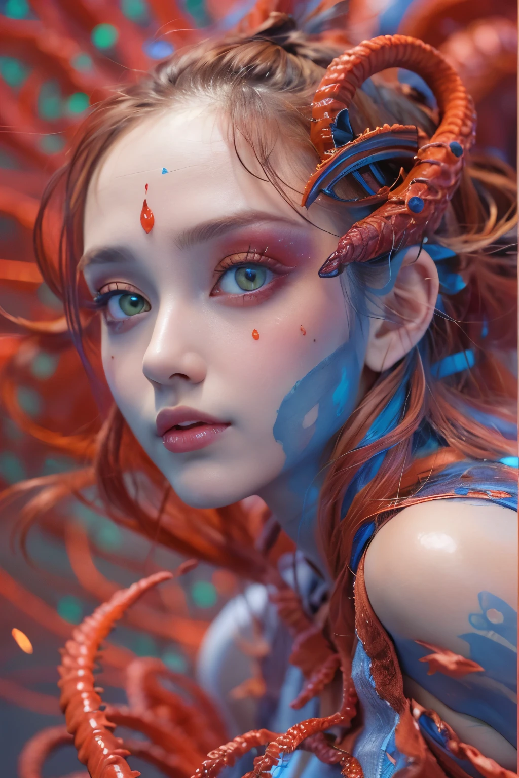 (Female Alien:1.2), (the most beautiful face ever in the univers:1.6), seduces, red eyes, Full body like, A sexy, alien, No humans, an alien, cells are fused, Multiple hands, (Lots of blue tentacles), (blue skin:1.3), extraterrestrial, cell, bio image, 魅惑的, Best Quality, 8K,4K_quality, high_Definition,Dramatic Lighting, masutepiece:1.5,cinematic quality, detail up, (Intricate details:1.2), high resolution, High Definition, drawing faithfully, (Thick eyebrows:1.2), (Big scarlet eyes:1.6), Beautiful eyes with fine symmetry, (Ultra detailed eyes:1.2),(Highly detailed face and eyes:1.2), (High-resolution red-eye:1.4), Intimate face, (Super detailed skin quality feeling:1.4), Perfect Anatomy, (Beautiful toned body:1.5), (Moist skin:1.2), No makeup, (dark circles:1.1), long canines