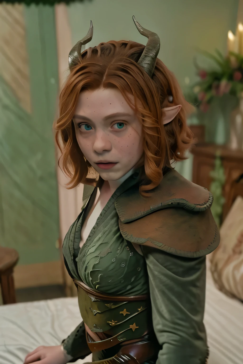 (fotorrealismo) imagem fiel nua da sexy Sophia Lillis como Doric (De masmorras & dragon movie), igual a do poster do filme, sexy, ela usa lingerie verde, top sutien cor verde, imagem de corpo inteiro, rosto com sardas, ela tem sardas no rosto, ela esta somente de Langerie, o rosto da garota tem muitas sardas, she is naked, Ela sorri, your ears are pointed like an elf&#39;s, cabelo ruivo ondulado na altura dos ombros., lindos olhos azuis, ela veste uma roupa verde como a do filme, She has horns on her head like the one in the movie poster.., She holds a bow and arrow in her hand, She's sexying, She's sexy, ela puxa a calcinha de lado, She has one of her legs up, stepping on the bed.