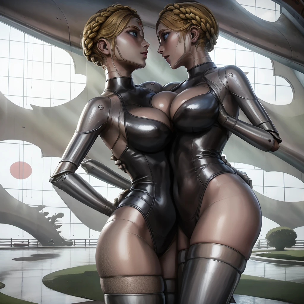 Two Finnish women models, 30 years old, view from top down, hugging, forcefully pushing their breasts together, perfect breasts, perfect butt, soft facial features, detailed blue eyes, choker necklace, earrings, make up, dirty blonde hair in a bun with braids, wet skin, wet hair, wet clothes, wearing tight bikinis, medium large breasts, plump butt cheeks, touching each other, touching themselves, licking their lips, open mouth, freckles, outside in the rain, seductive smiles, realistic, extreme detail, very detailed, extremely high resolution