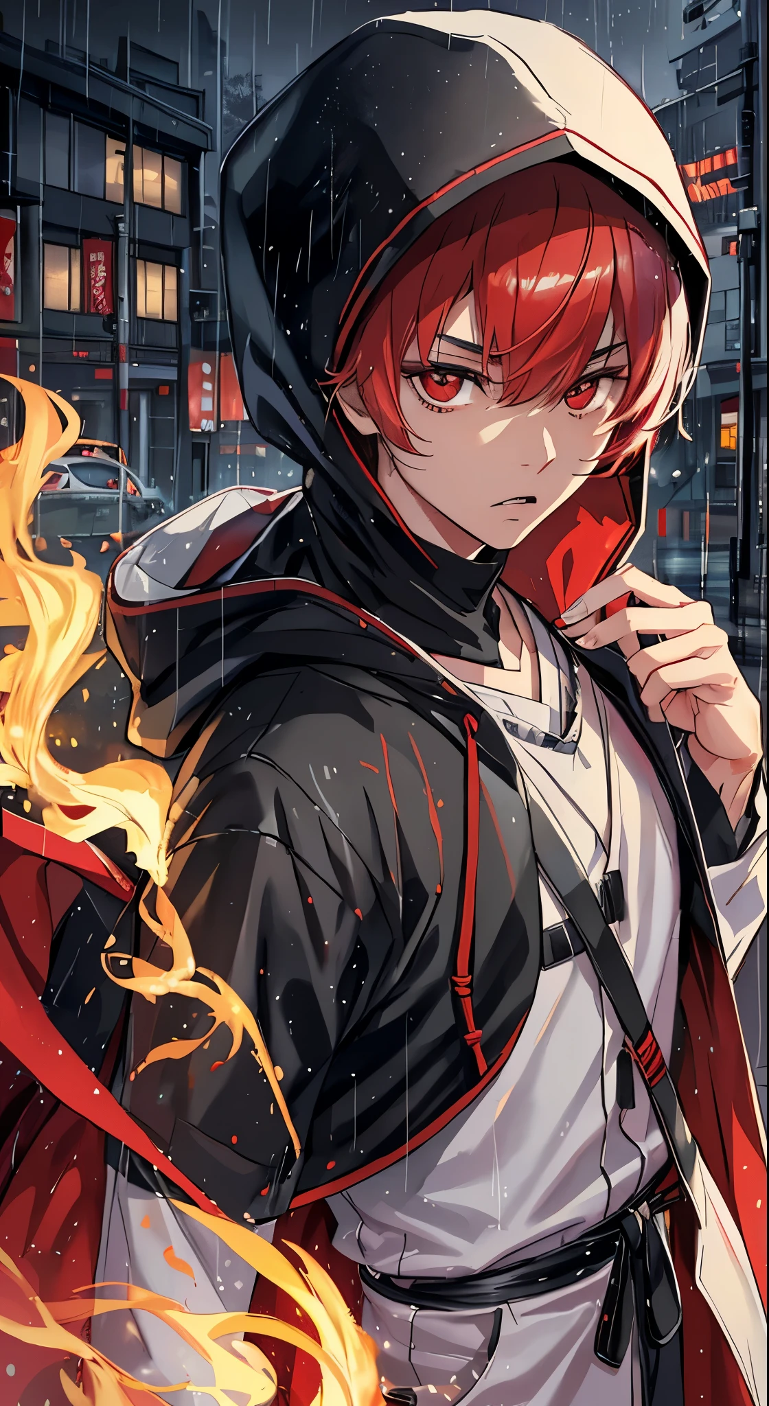 kk, best quality, more details, mastery, 1boy, kaneki ken, portrait, male focus, red eyes, solo, bangs, looking at viewer, hood, short hair, rain, tokyo tokyo \(city\), hijabi sluty,Nail polishing,whaite hair,Luxury,8k,the detail,Ray traching,depth of fields,电影灯光,