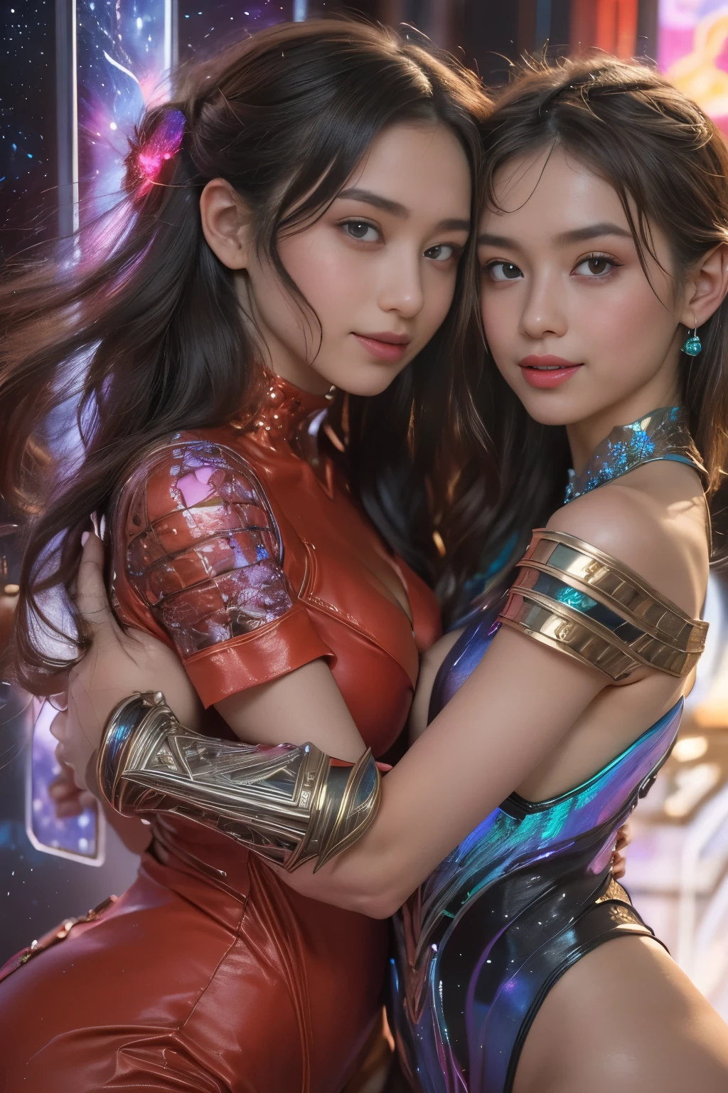 (Two beautiful age italian girls:1.6), Close friends, (They are hugging each other:1.2), Kiss her cheek or chest,(Detailed iridescent bodysuit with beautiful fractal or marble design:1.5), Incredible and spectacular scenes, ((High quality)), ((Detailed)), ((Fantasy)), Blue Plasma Brain, Green Plasma Body, Showing her armpits, beutiful breast, obscenity, (Lewd smile:1.2), coarse, Obscene, (Immoral:1.2), Lachish, (small breasts with beautiful raised pink areolas,:1.5), (Cameltoe), (Expression of ecstasy:1.2), Photorealistic, Official art, Unity 8K Wall , 8K Portrait, Best Quality, Very high resolution, (Incredibly beautiful nature background:1.6), (18 years old:1.5), (Sexy and glamorous:1.1), (A coquettish expression:1.6), (seductively smiling:1.6), (erotic posing:1.9), (Model Posing:1.8), Beautiful seductive face, Portrait, (Thick eyebrows:1.4), (Big scarlet eyes:1.6), Beautiful eyes with fine symmetry, (Ultra detailed eyes:1.4),(Highly detailed face and eyes:1.7), (High-resolution red-eye:1.8), Intimate face, (ultra detailed skin texture:1.4), White skin, pale skin, Perfect Anatomy, Thin, (Beautiful toned body:1.5), Highly detailed hair, (Moist skin:1.2), No makeup, (dark circles:1.1), Good anatomy, Focus Face, good-looking, (Emilia Clark:0.6) (Emma watson:0.3),(Jennifer Connelly:0.4), Elegant face, Nice, (A delicately crafted necklace is wrapped around her neck.), (Bioluminescence with brilliant brilliance:1.4), (Luminous magic circle:1.5), Ruins of an ancient castle, Shining majestic cloud masses and sky, lightning bolt, Epic Realistic, (Greg Rutkowski:0.8), (teal and orange:0.4), (Art Station:1.5), Cinematic, (NSFW:1.2), Hyper Detailed, Dramatic light, (Intricate details:1.1), Beautiful black hair, (Wearing a gauntlet with a dense and very beautiful design decorated with jewels:1.1), Small chest, Galaxy, (nebulas:1.6), The Dark Knight, Fully armored body focus