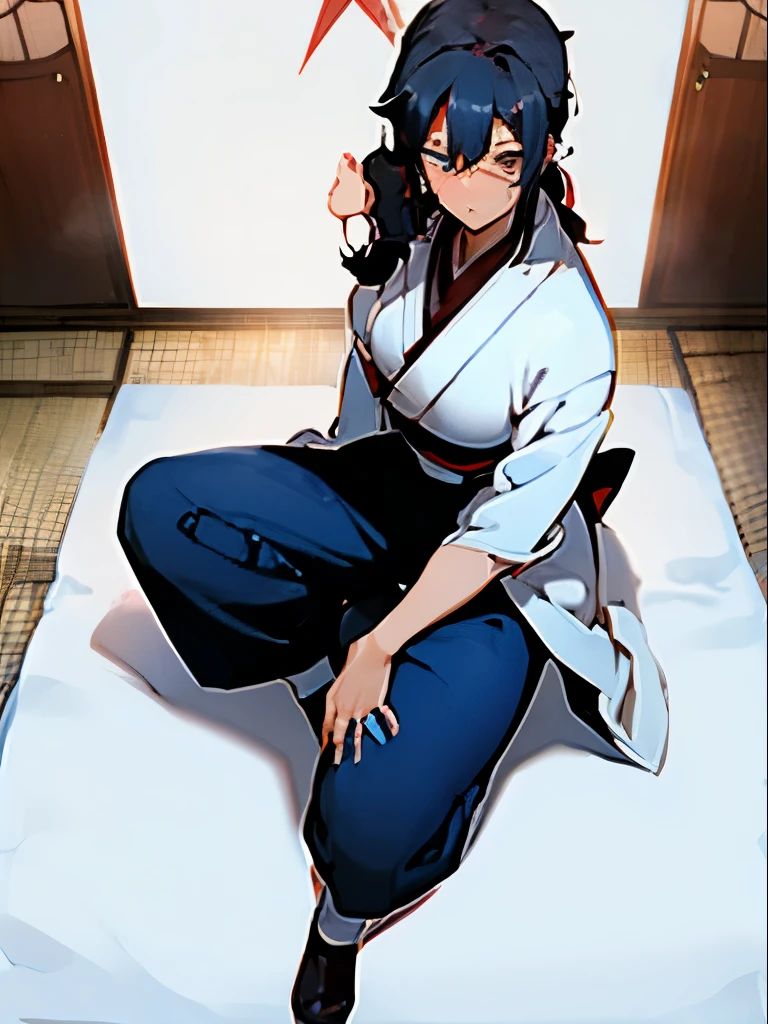 full body, cool face, White coat, blue kimono, pants, black socks, Eyepatch, black hair ponytail girl, Japanese anime style, red accessory, retreating figure, dynamic pose,  Glaring, Sit on a chair and cross your legs.