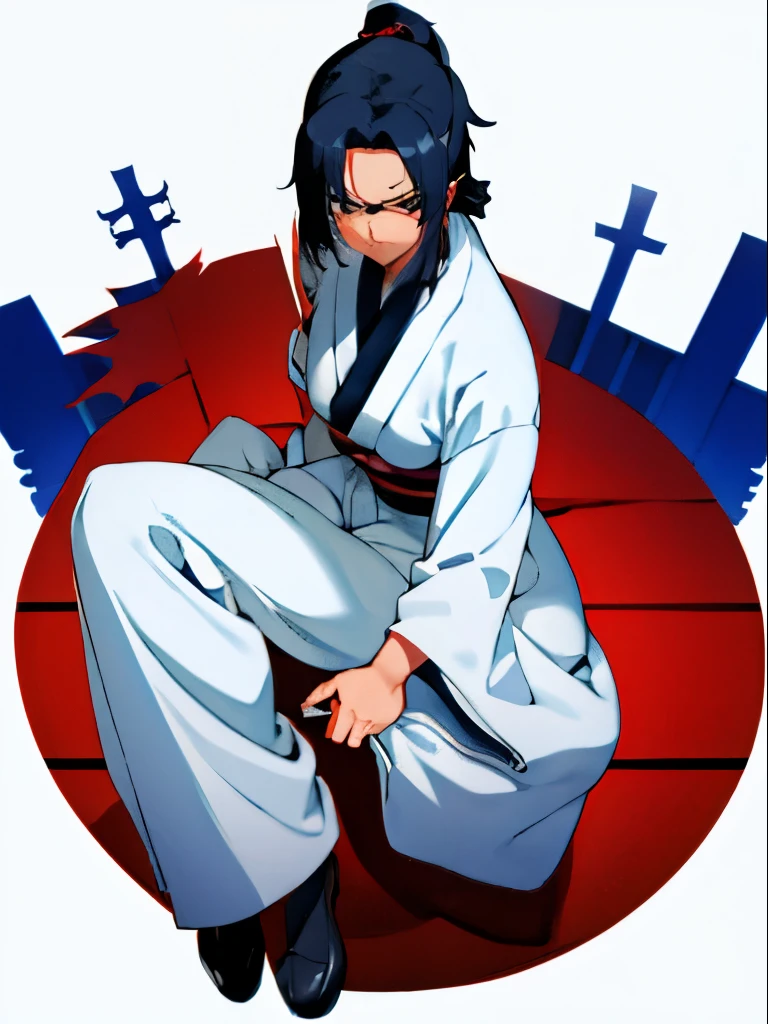 full body, cool face, White coat, blue kimono, pants, black socks, Eyepatch, black hair ponytail girl, Japanese anime style, red accessory, retreating figure, dynamic pose,  Glaring, Sit on a chair and cross your legs.