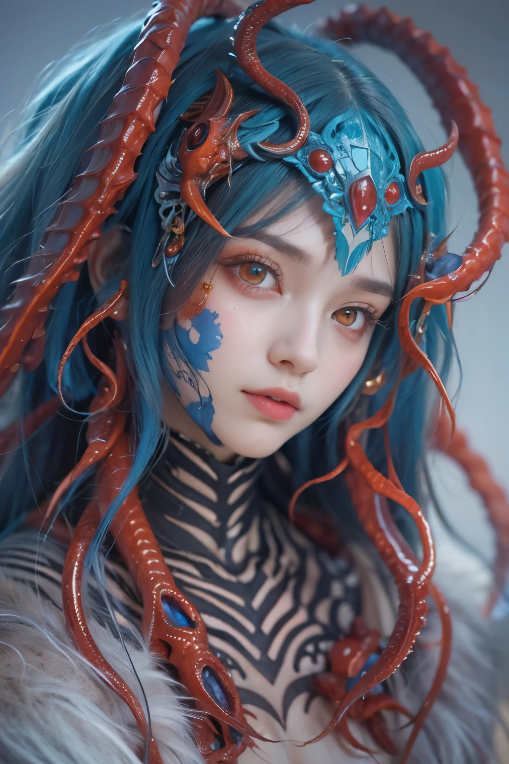 (Female Alien:1.2), Beautiful face, seduces, red eyes, Full body like, A sexy, alien, No humans, an alien, cells are fused, Multiple hands, (Lots of blue tentacles), (blue skin:1.3), extraterrestrial, cell, bio image, 魅惑的, Best Quality, 8K,4K_quality, high_Definition,Dramatic Lighting, masutepiece:1.5,cinematic quality, detail up, (Intricate details:1.2), high resolution, High Definition, drawing faithfully, (Thick eyebrows:1.2), (Big scarlet eyes:1.6), Beautiful eyes with fine symmetry, (Ultra detailed eyes:1.2),(Highly detailed face and eyes:1.2), (High-resolution red-eye:1.4), Intimate face, (Super detailed skin quality feeling:1.4), Perfect Anatomy,  (Beautiful toned body:1.5),  (Moist skin:1.2), No makeup, (dark circles:1.1), long canines