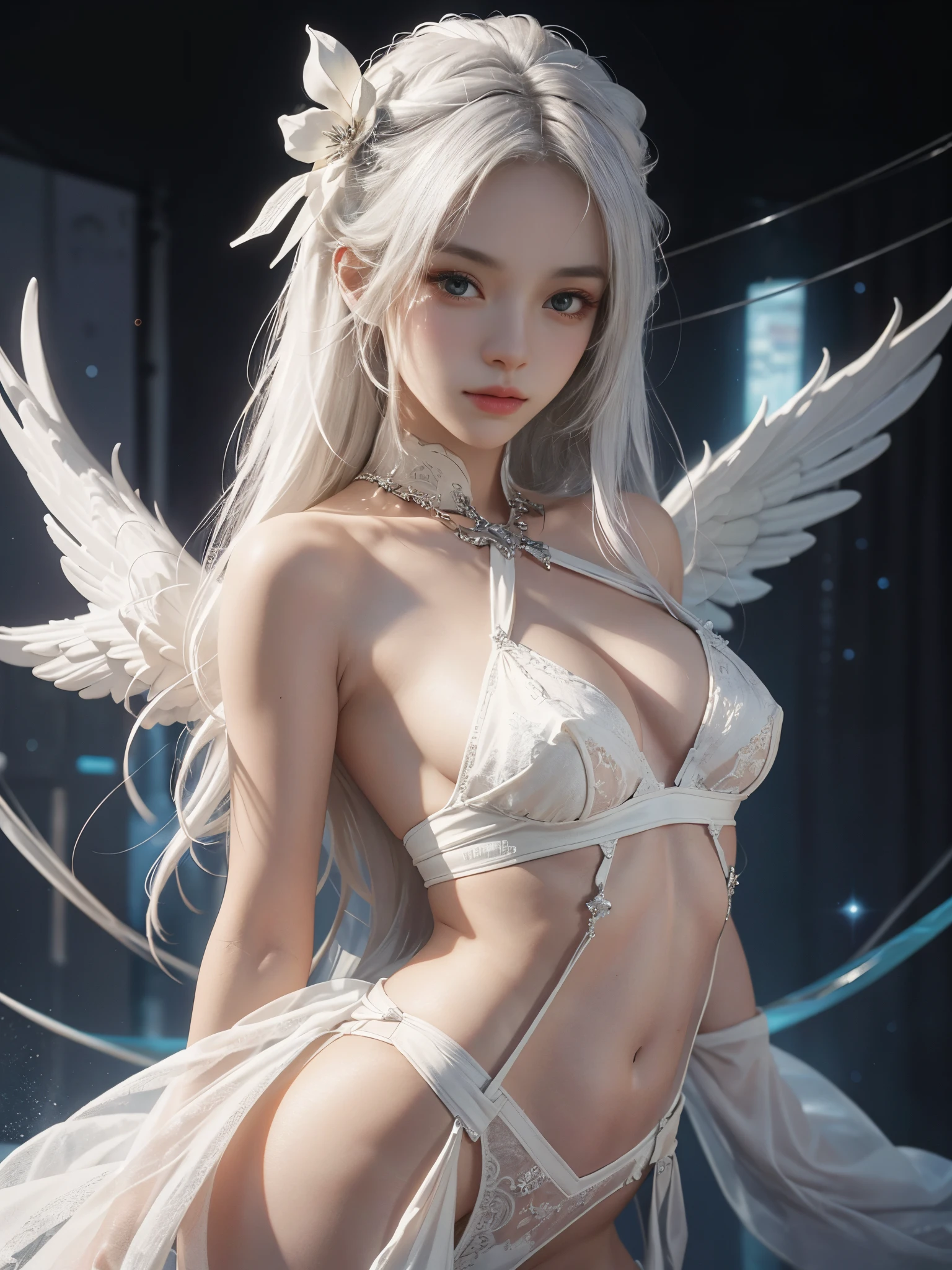 Close-up of woman with white hair and white mask、beautiful character painting、guweiz、Artwork in the style of Gwise、white haired god、Jan J、epic exquisite character art、Stunning character art、Fanchy、Uzunsifan、Guweiz on the Pixiv art station,Faces of reality,Real people,Photo quality,Real person footage captured on camera,Shooting from the waist up,Live-action feeling,Quite light clothing,see-through underware,Beautiful clear eyes,Beautiful sparkling eyes,being thin,strong-willed gaze,A living angel who descends to earth and blends into ordinary life while hiding his true identity in the human world.,angels don't wear underwear,angel has small breasts,Angels usually look exactly like normal humans and are hard to tell apart.,Leaner figure,very small breasts, waist and buttocks,15-year-old body type,Only a thin see-through cotton fabric is worn on the body.,Usually the wings are folded so small that they cannot be seen.,