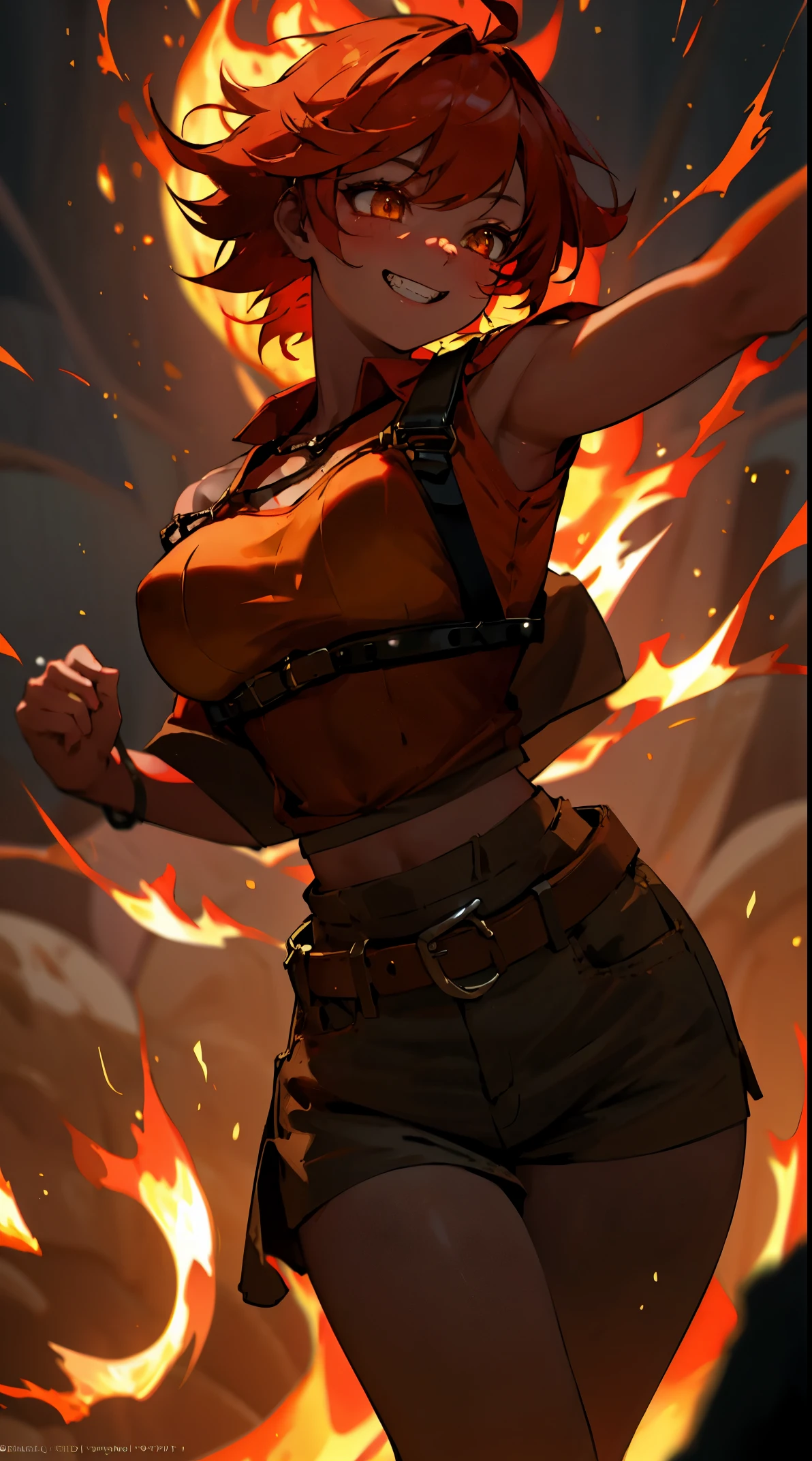 ((masterpiece)), best quality, 8k, high quality, high resolution, super detailed, ultra detailed, photorealistic, fiery and finely detailed face and eyes, ultra detailed and detailed skin texture, fiery eyes, perfect face, 1 girl, blazing red short hair, (fiery attire), flaming yellow eyes, athletic, muscular, Medium breasts, white shirt, collared shirt, (chest harness, shoulder strap:1.15) , (infernal aura), standing before a roaring bonfire, passionate expression, ((burning grin)), twilight, fiery landscape, crackling flames, intense atmosphere, (crackling embers), (dancing flames), since primordial times, Ignia, fiery eyes, background of blazing inferno.