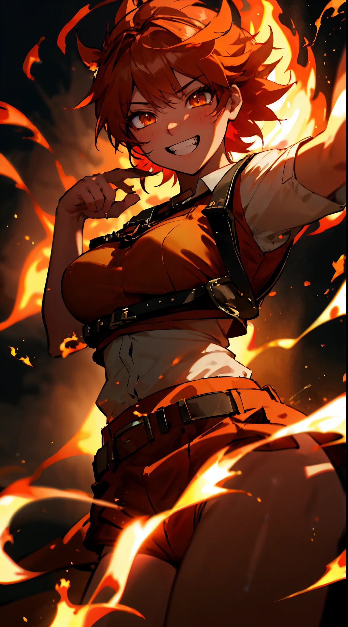 ((masterpiece)), best quality, 8k, high quality, high resolution, super detailed, ultra detailed, photorealistic, fiery and finely detailed face and eyes, ultra detailed and detailed skin texture, fiery eyes, perfect face, 1 girl, blazing red short hair, (fiery attire), flaming yellow eyes, athletic, muscular, Medium breasts, white shirt, collared shirt, (chest harness, shoulder strap:1.15) , (infernal aura), standing before a roaring bonfire, passionate expression, ((burning grin)), twilight, fiery landscape, crackling flames, intense atmosphere, (crackling embers), (dancing flames), since primordial times, Ignia, fiery eyes, background of blazing inferno.